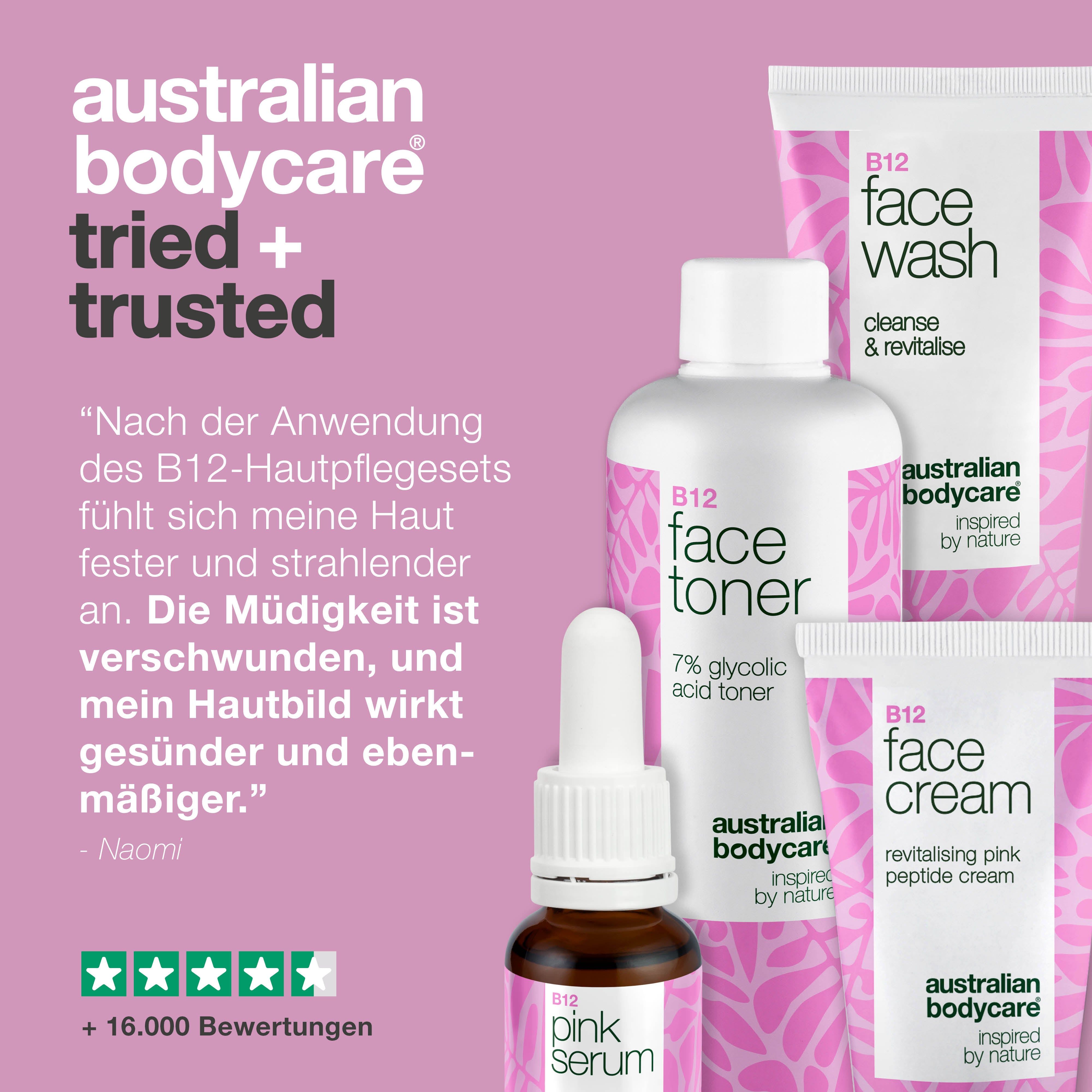 Set mit Serum, Waschgel, Toner und Creme. Text: Getestet und vertraut. Sternebewertung. Rosa Hintergrund.