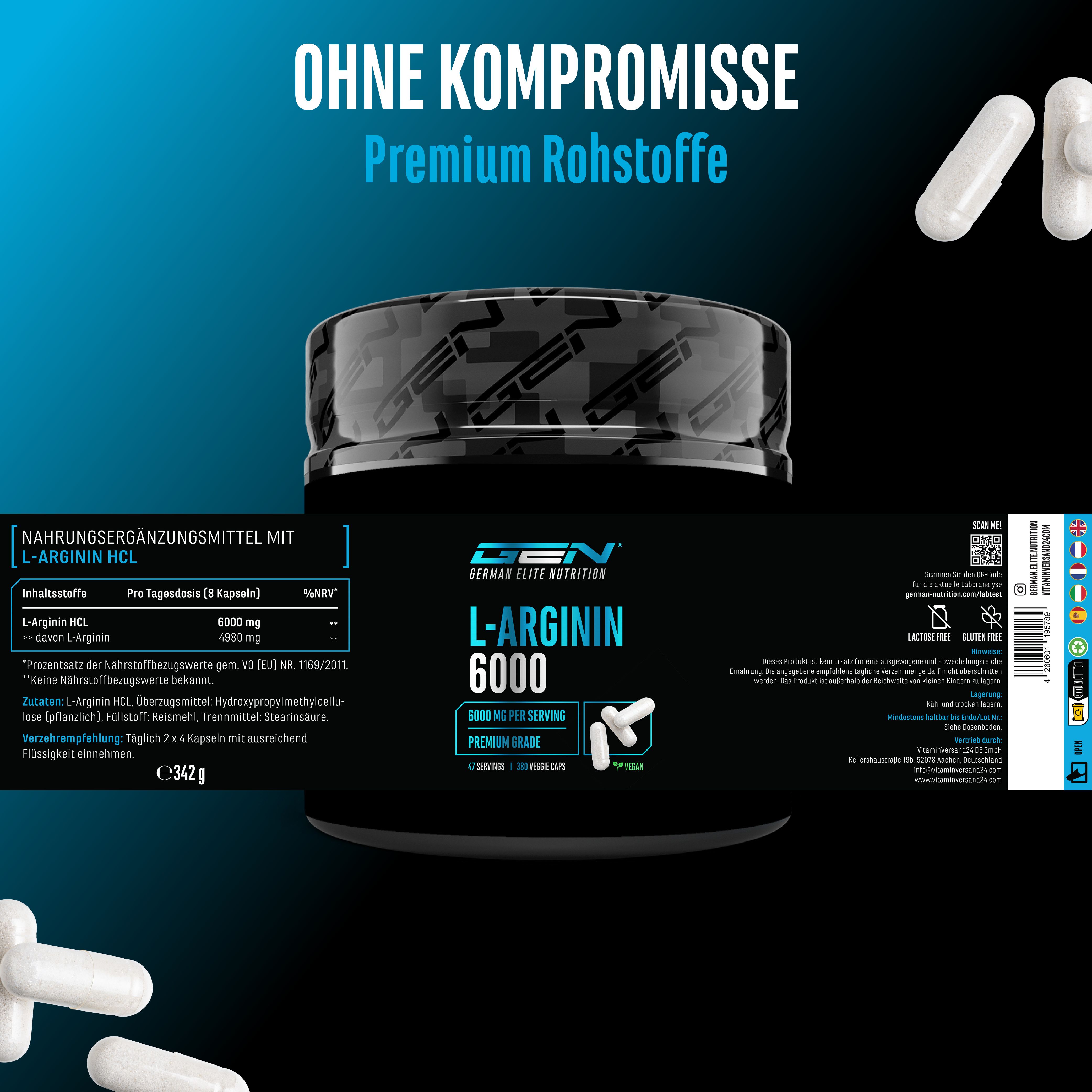 GEN L-Arginin 6000. Dose mit Etikett. Nährwertangaben, Inhaltsstoffe, Verzehrempfehlung. Kapseln liegen daneben.