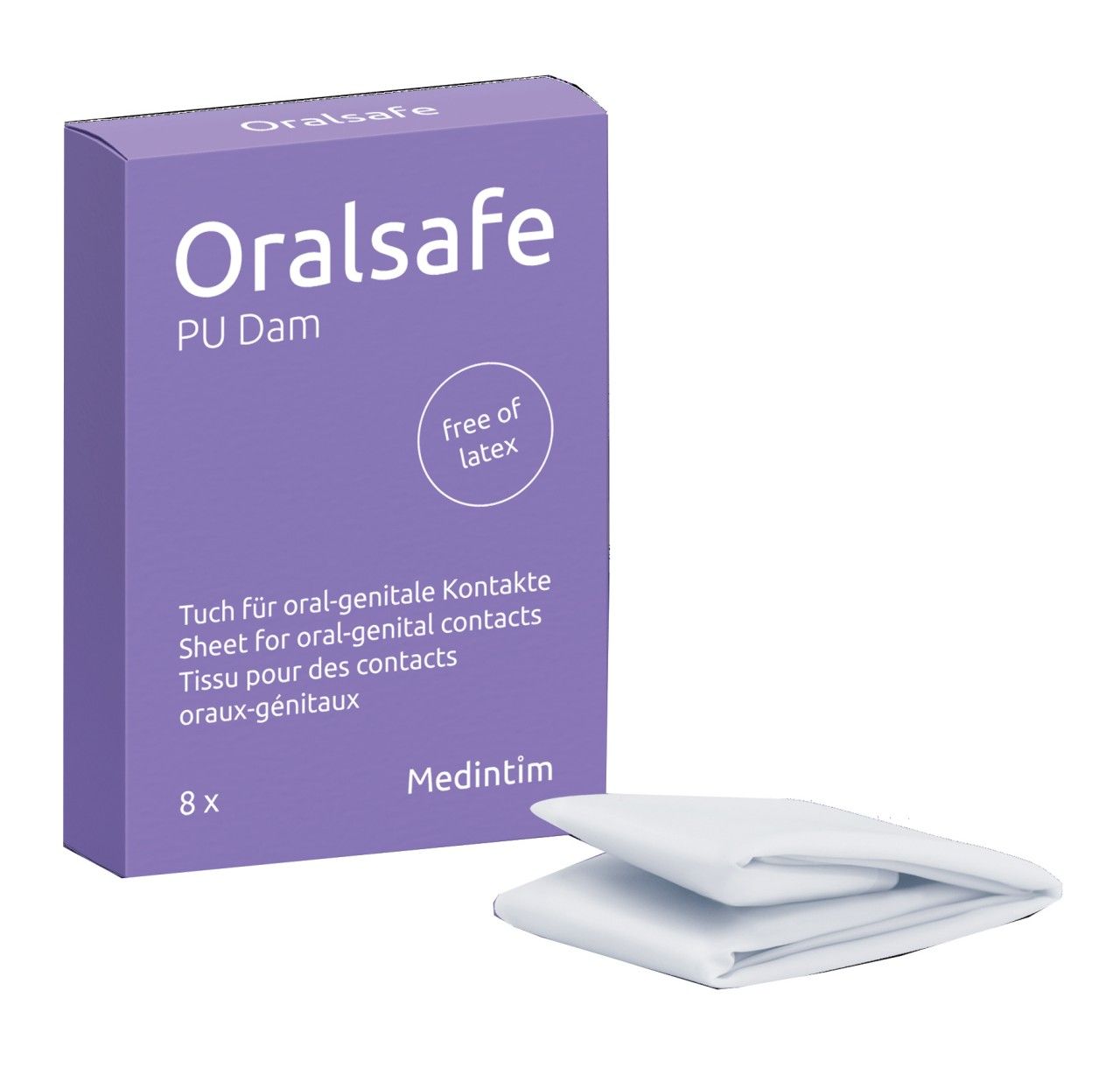 Geöffnete Verpackung "Oralsafe". Produktname "Oralsafe", Text "PU Dam", "free of latex", "8 x". Marke Medintim. Gefaltetes Produkt.