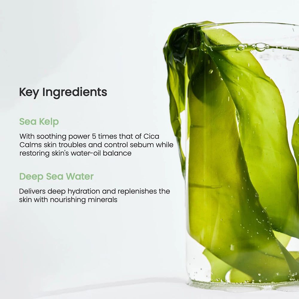 Glas mit Seetang und Text. Text: Key Ingredients, Sea Kelp, Deep Sea Water. Beschreibt Inhaltsstoffe und Vorteile.