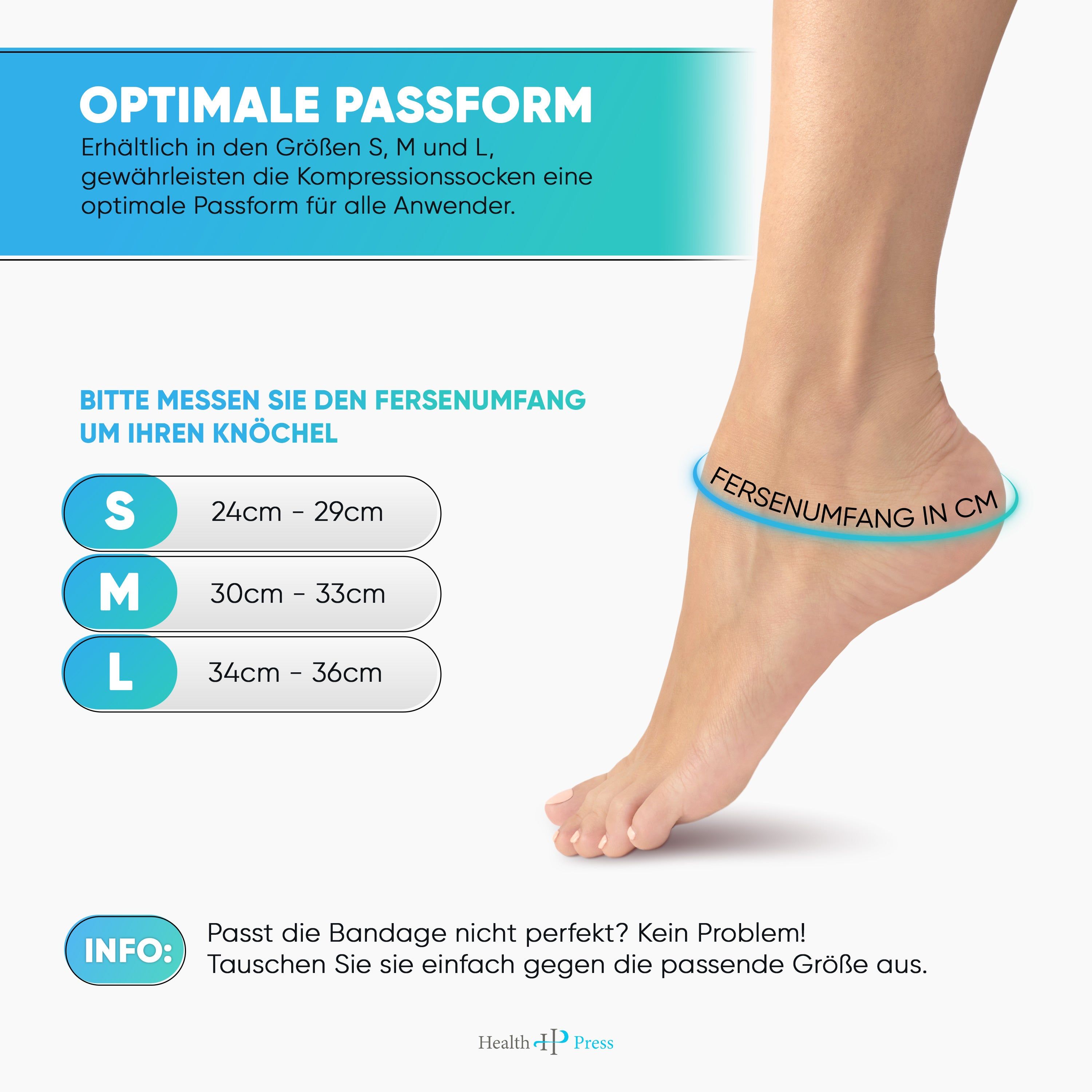 Fuß mit Sprunggelenkbandage. Größen S, M, L. Messen Sie den Fersenumfang. Info: Größenumtausch möglich.
