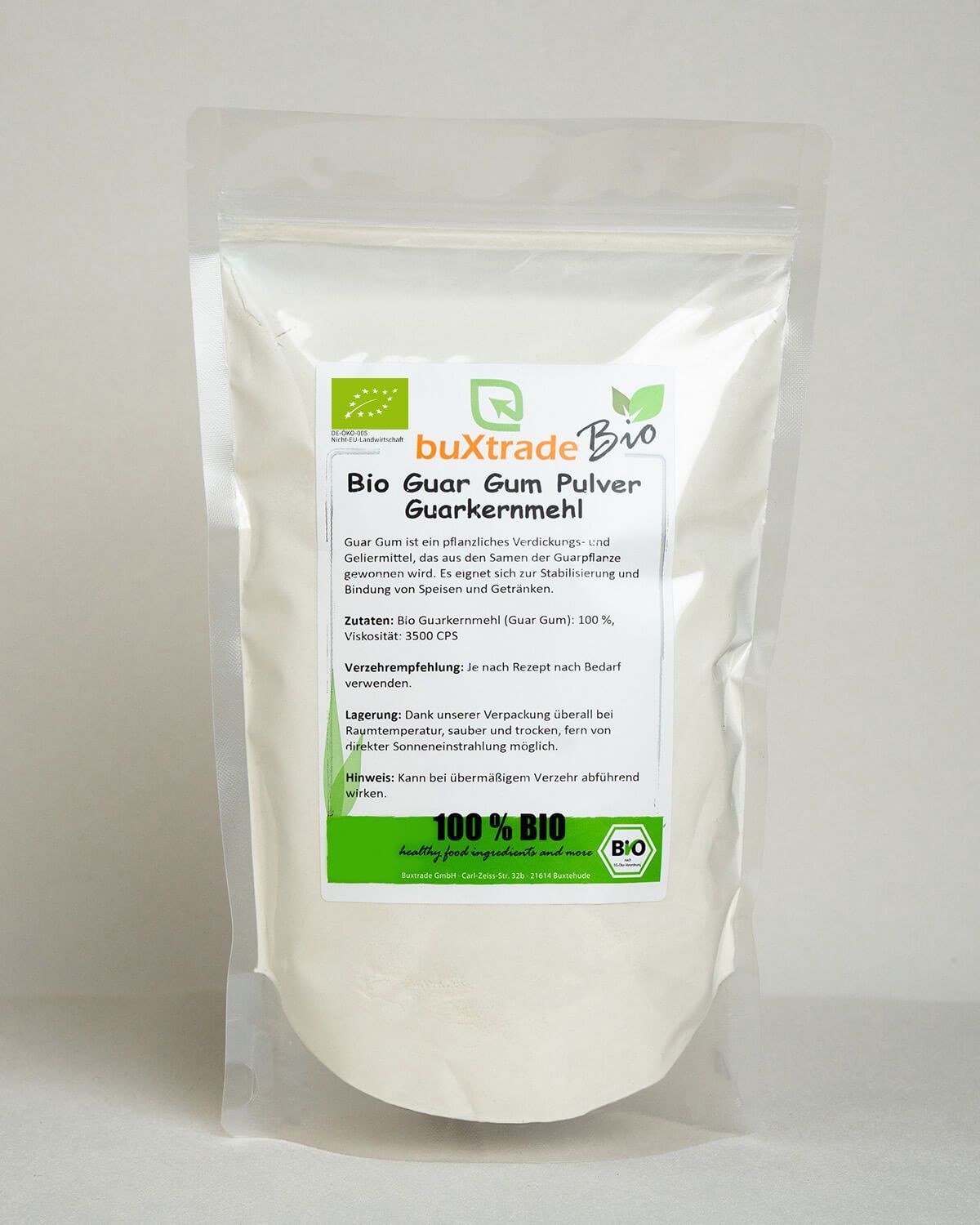 Verpackung von buXtrade Bio Guar Gum Pulver mit Bio-Siegel.