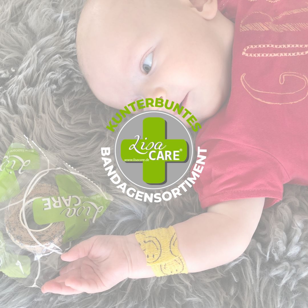 Grüne Rolle selbsthaftendes Kinderpflaster mit lachenden Gesichtern und dem Text 'Farbenfrohe Motive'.
