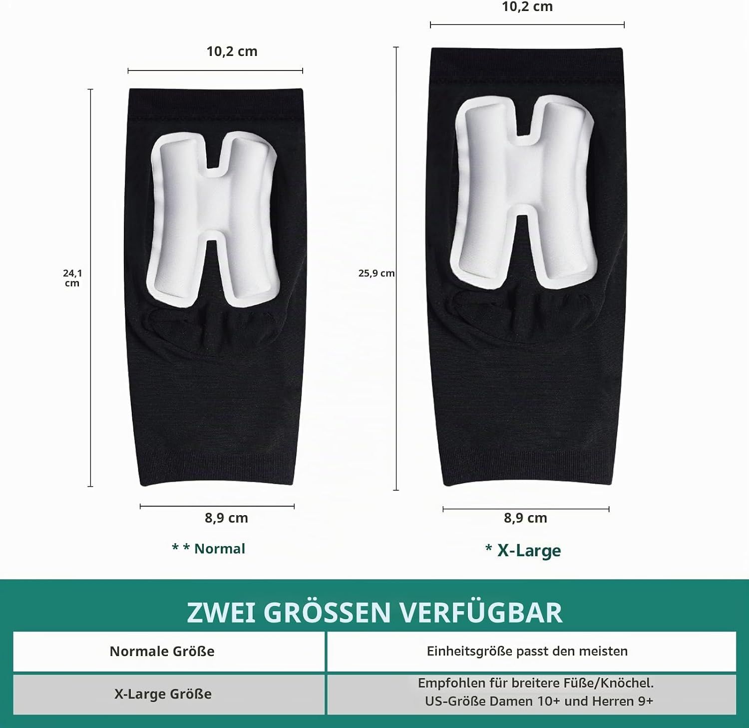 Kniebandage mit H-förmiger Polsterung, Größen Normal und X-Large.