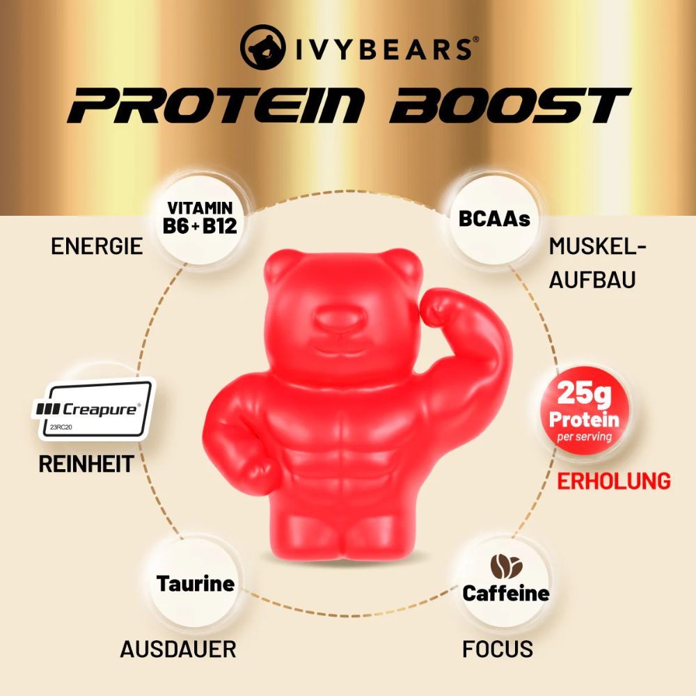 Rotes Gummibärchen mit Muskeln. Kreisförmige Symbole mit Text: Energie, Vitamin B6+B12, BCAA's, Muskelaufbau, Taurin, Koffein, Ausdauer, Fokus.