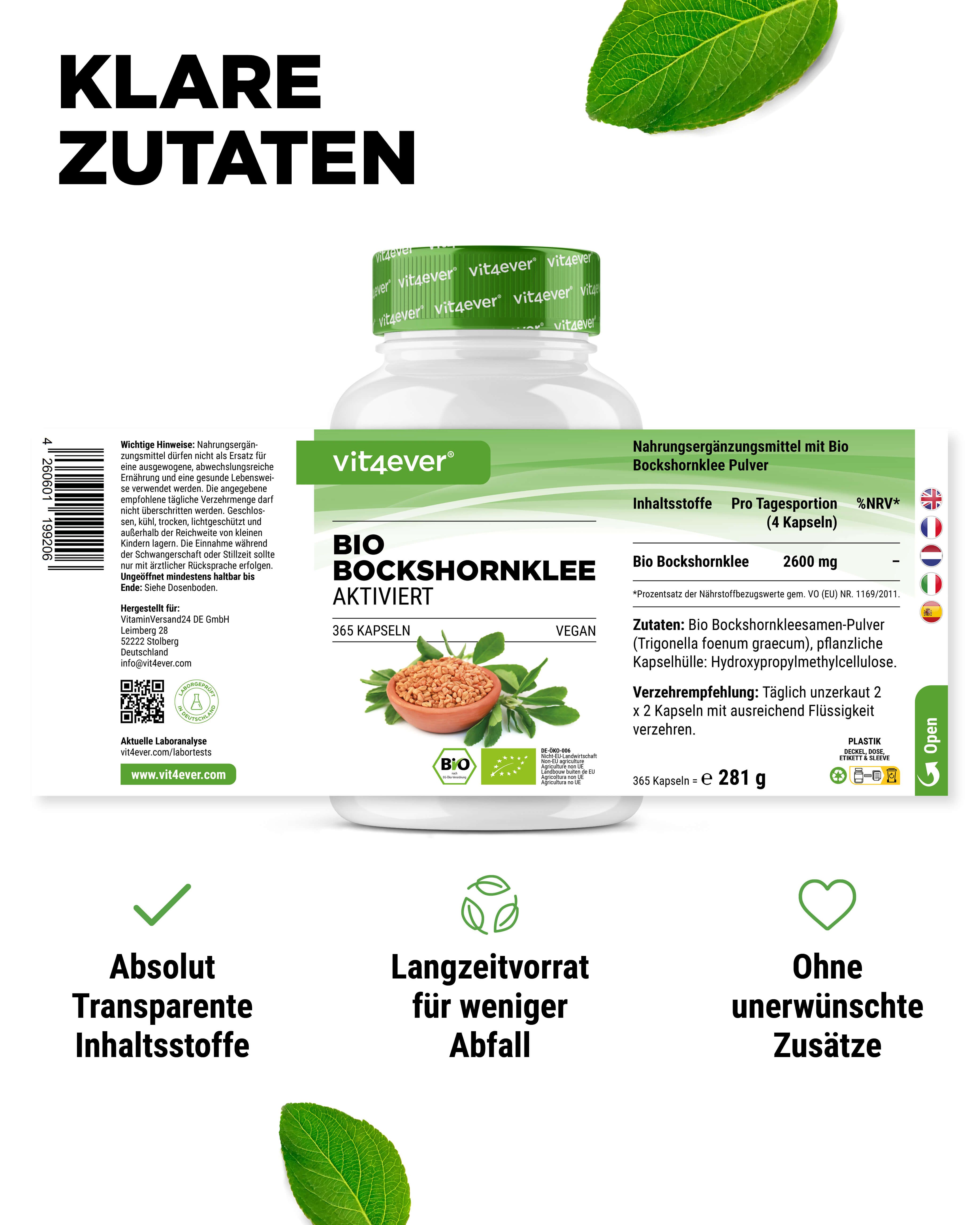 Flasche "vit4ever BIO BOCKSHORNKLEE AKTIVIERT" mit Etikett. Text: Transparente Inhaltsstoffe, Langzeitvorrat, ohne unerwünschte Zusätze.