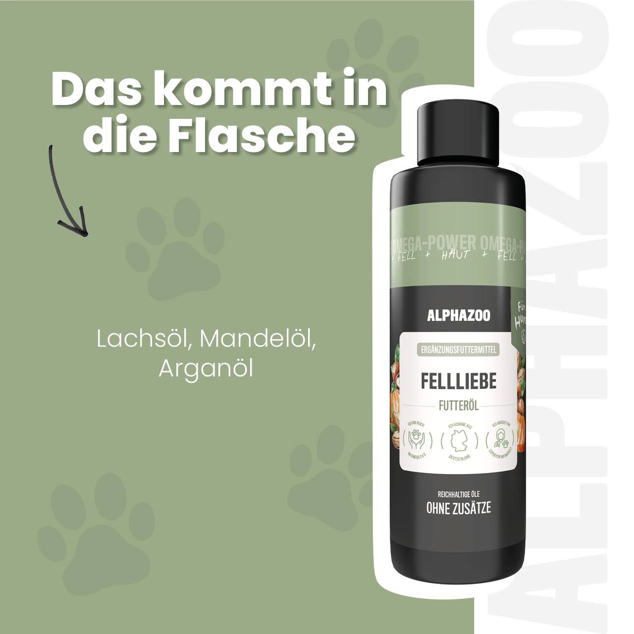 Flasche mit Fellliebe Futteröl. Text: Das kommt in die Flasche. Lachsöl, Mandelöl, Arganöl. Pfoten-Illustrationen.