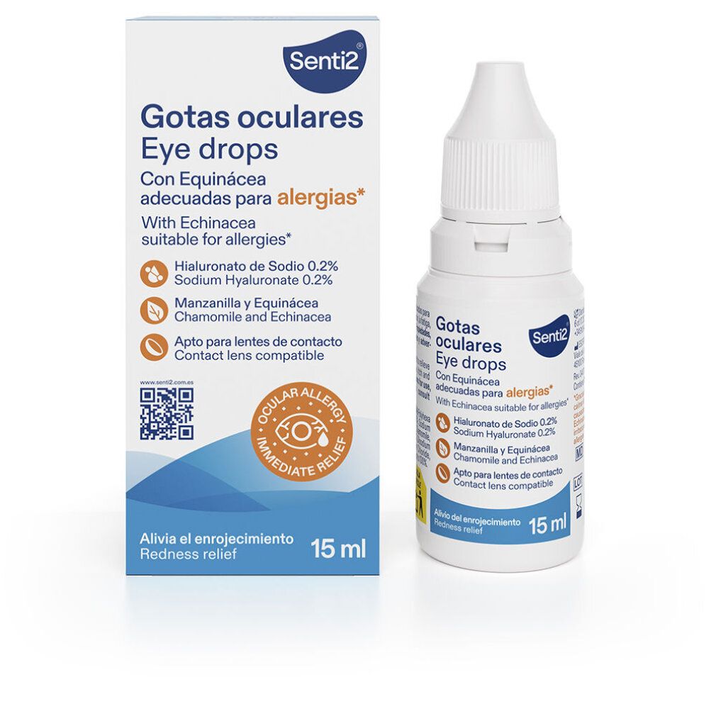 Senti2 Allergie-Augentropfen Flasche und Karton, 15 ml.