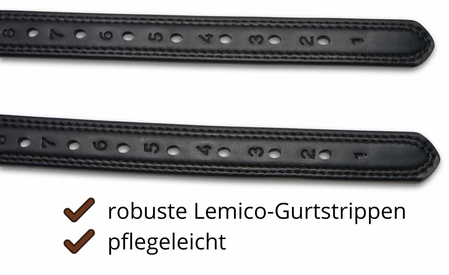 Detail der Gurtstrippen. Schwarzes Leder mit nummerierten Löchern.