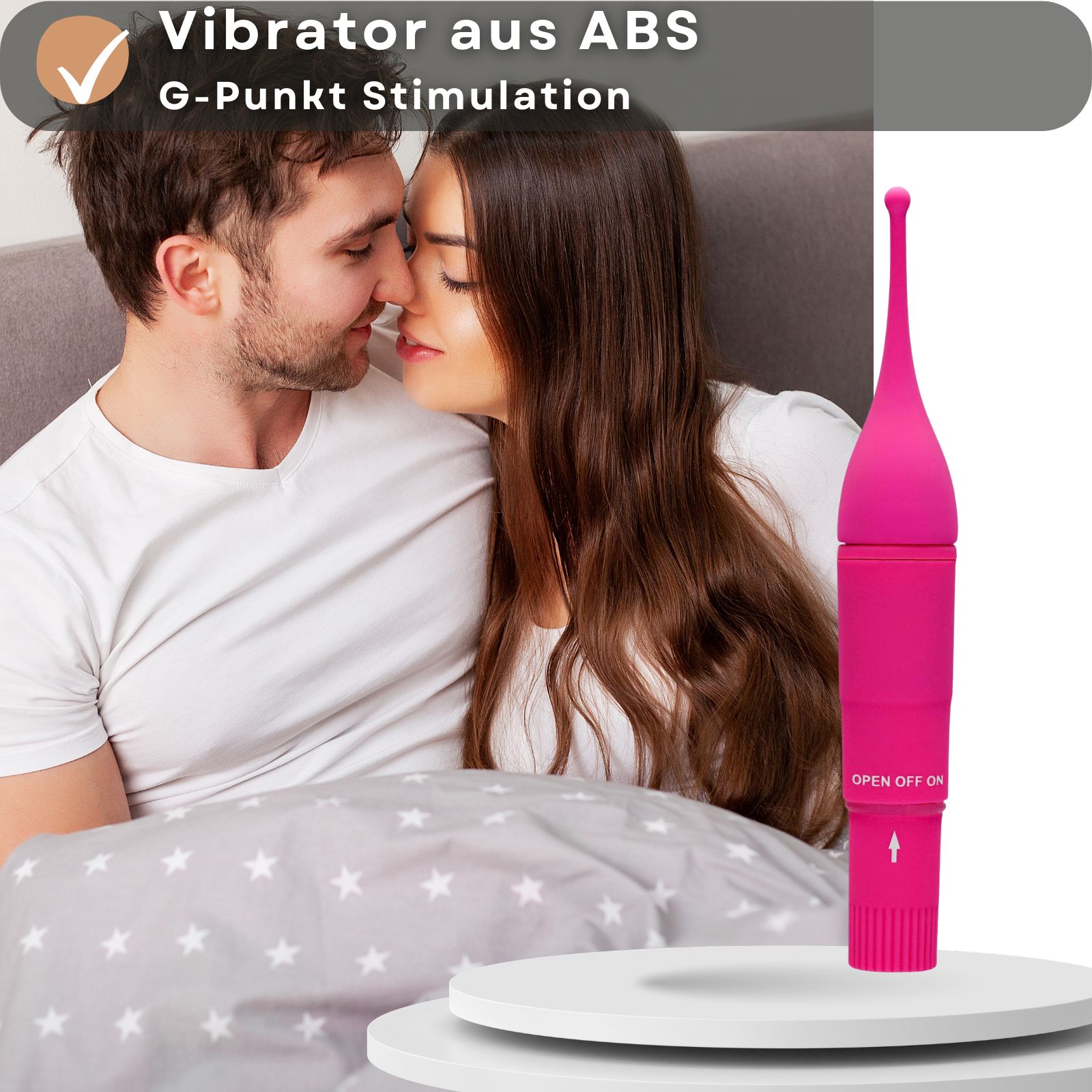 Pinkfarbener Vibrator neben einem Paar. Text: Vibrator aus ABS, G-Punkt Stimulation.