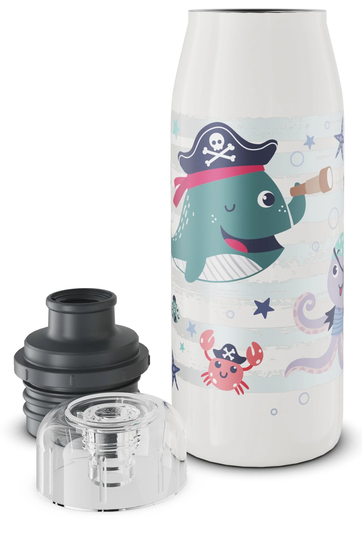 ALFI Kinderflasche mit Piraten-Wal-Motiv, zerlegt.