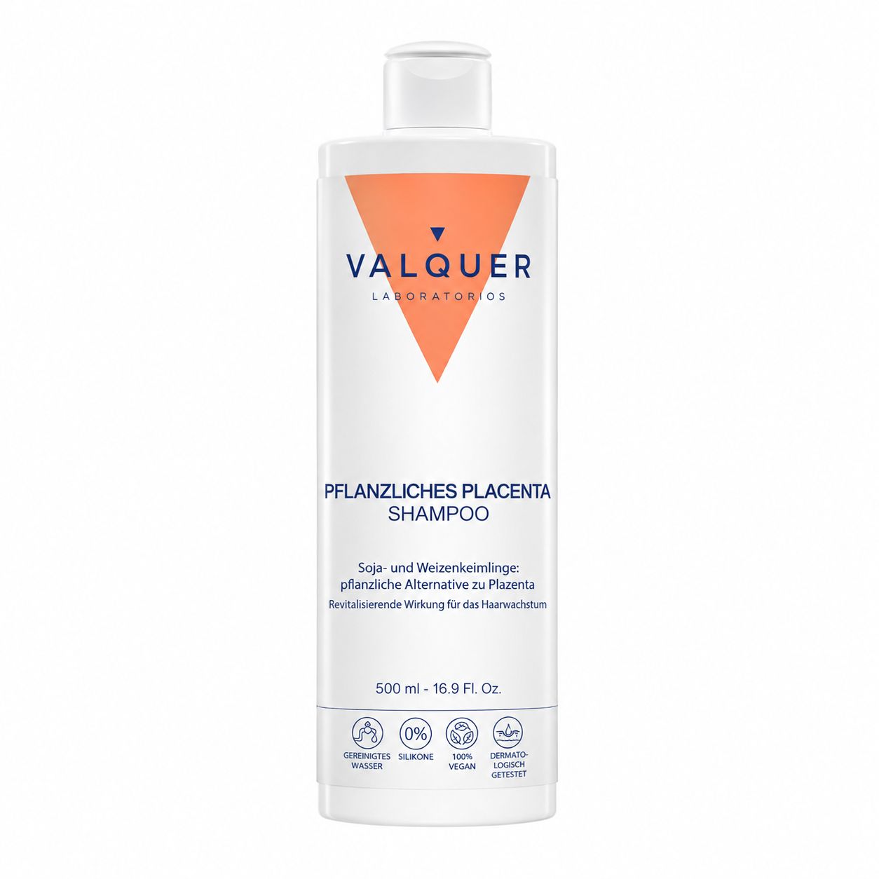 Flasche Valquer Pflanzen-Plazenta Shampoo, 500ml. Mit Siegeln für vegan, dermatologisch getestet und ohne Silikone.