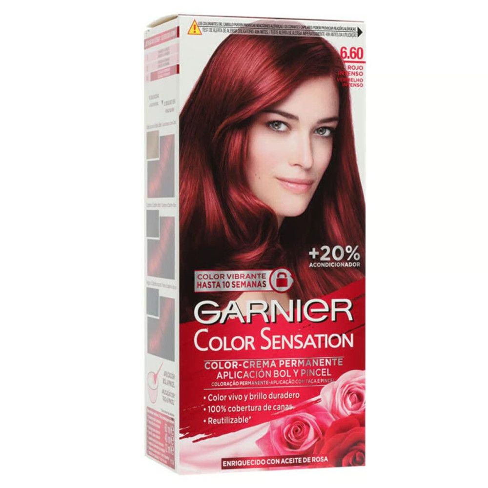 Verpackung von Garnier Color Sensation. Frau mit rotem Haar. Text: Color Sensation, 6.60, Rojo Intenso. Mit Rosenmotiv und Produktinformationen.