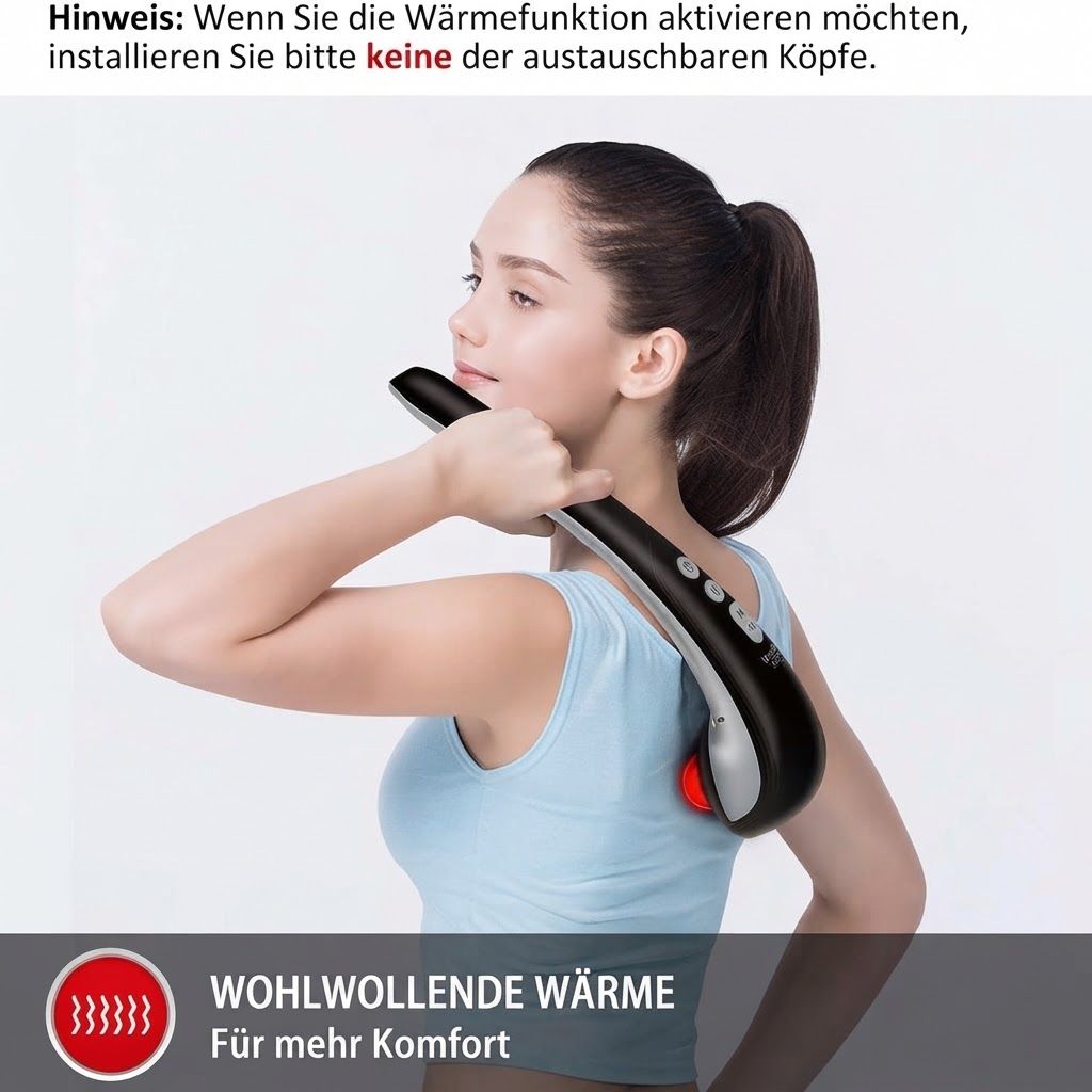 Handmassagegerät mit abnehmbaren Aufsätzen. Maße: 15 Zoll Länge, 5,5 Zoll Höhe, 3,7 Zoll Breite.