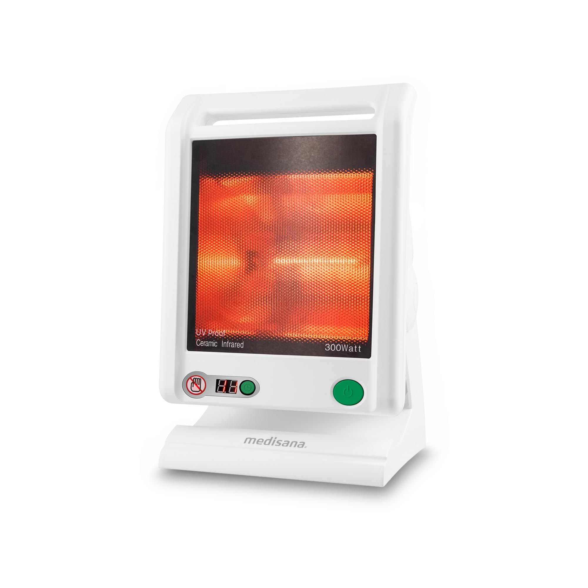 Weißes Infrarot-Gerät mit Griff, Bedienfeld und grünem Knopf. Aufschrift: Medisana, 300 Watt, Ceramic Infrared.