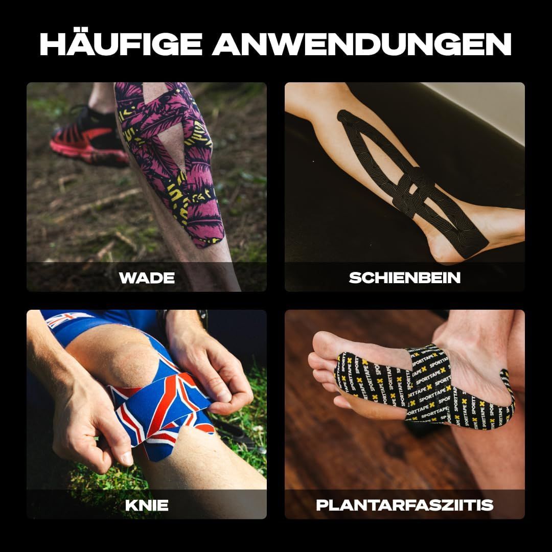 Anwendungen von Kinesiologie-Tape: Wade, Schienbein, Knie und Fuß (Plantarfasziitis).