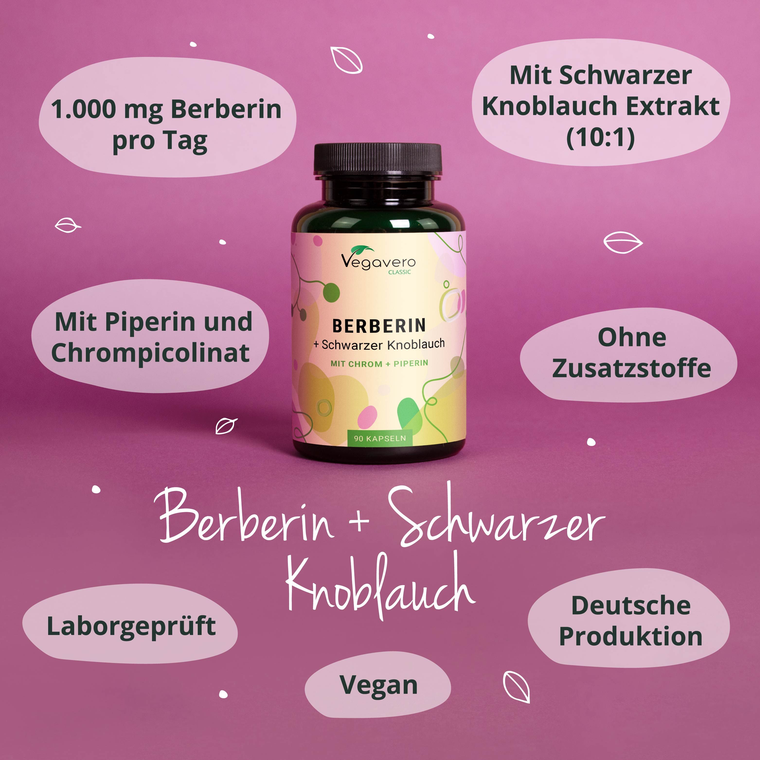 Flasche mit Kapseln, Berberin + Schwarzer Knoblauch. Zusätzliche Informationen: 1.000 mg Berberin, ohne Zusatzstoffe, vegan.