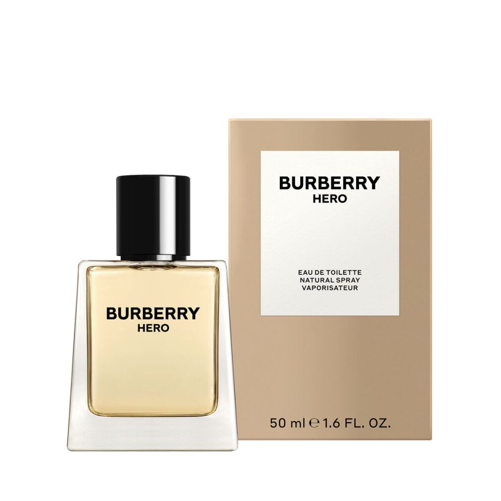 Burberry Hero Eau de Toilette Flakon und Verpackung. Quadratisch, transparent, schwarzer Deckel. Schriftzug Burberry Hero.