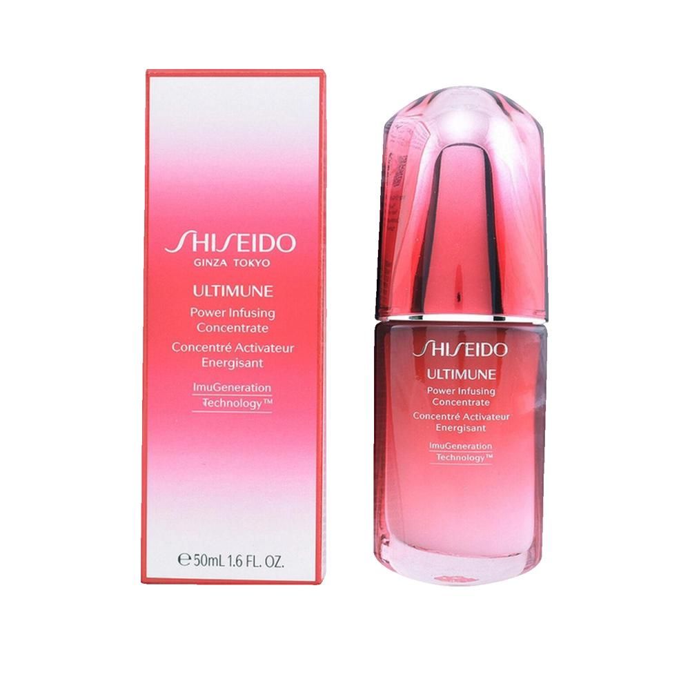 Shiseido Ultimune Serum, Flasche und Verpackung. Rot-weißes Design. Schriftzug: Ultimune Power Infusing Concentrate.
