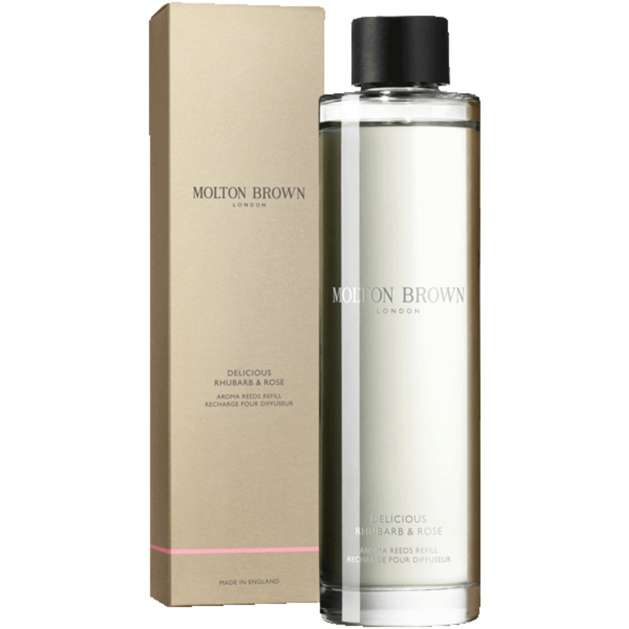 Molton Brown Rhubarb & Rose Aroma-Nachfüllung in Glasflasche mit schwarzem Deckel, daneben die Verpackung.