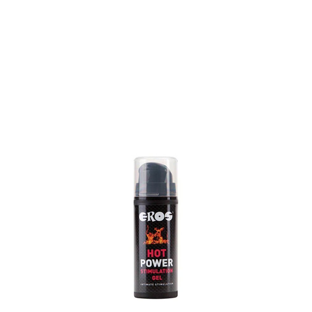 Schwarze Flasche mit Dosierpumpe. Aufschrift: EROS, HOT POWER STIMULATION GEL, Intimate Stimulation. Flammen-Grafik.