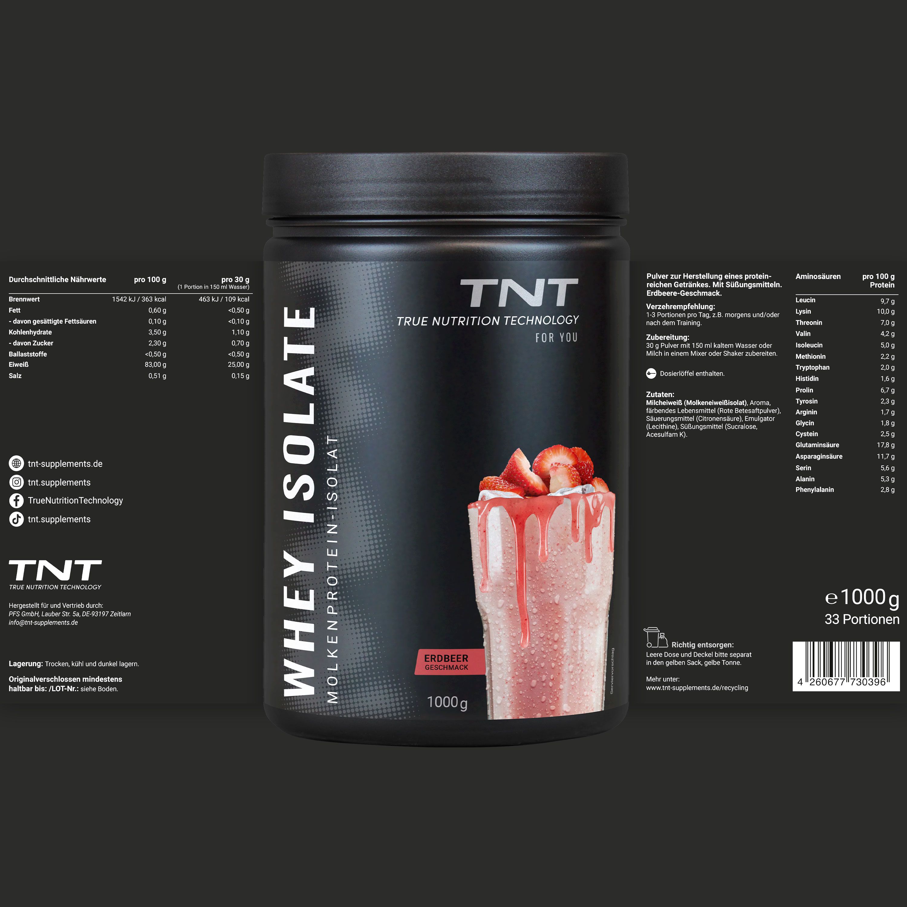 Schwarze Dose TNT Whey Isolate. Text: 1000g, 33 Portionen. Nährwertangaben.