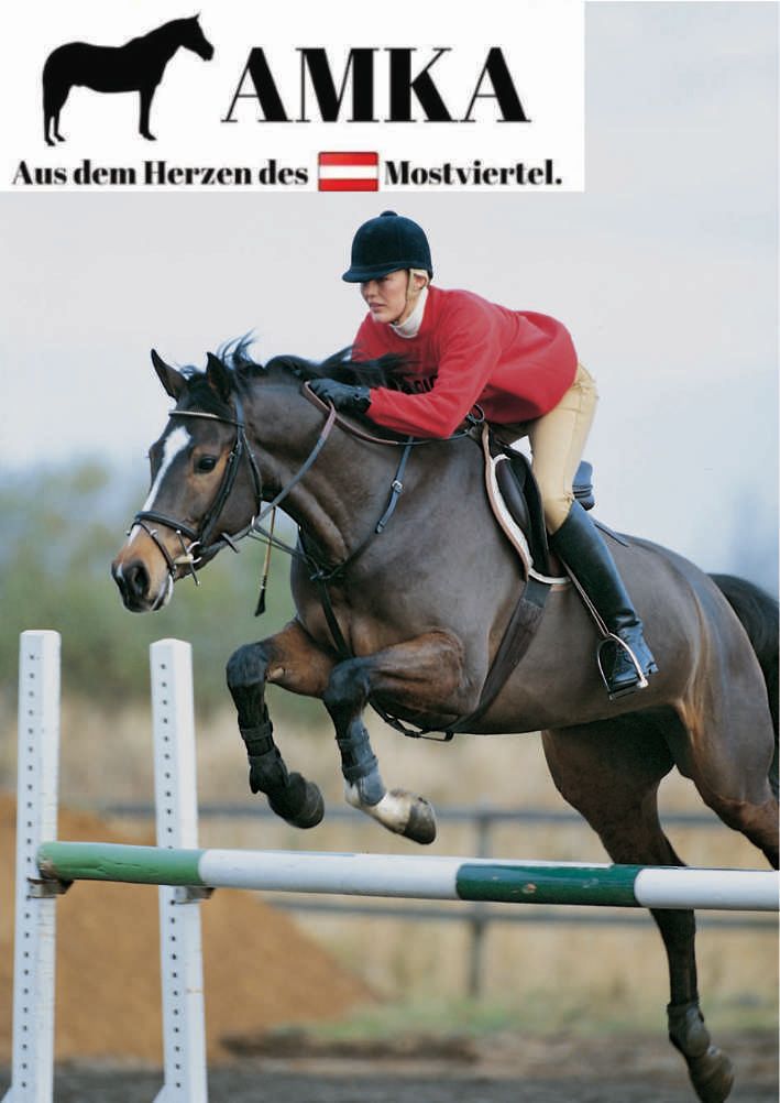 Reiterin springt mit Pferd über Hindernis. AMKA Logo mit Schriftzug 'Aus dem Herzen des Mostviertel'.