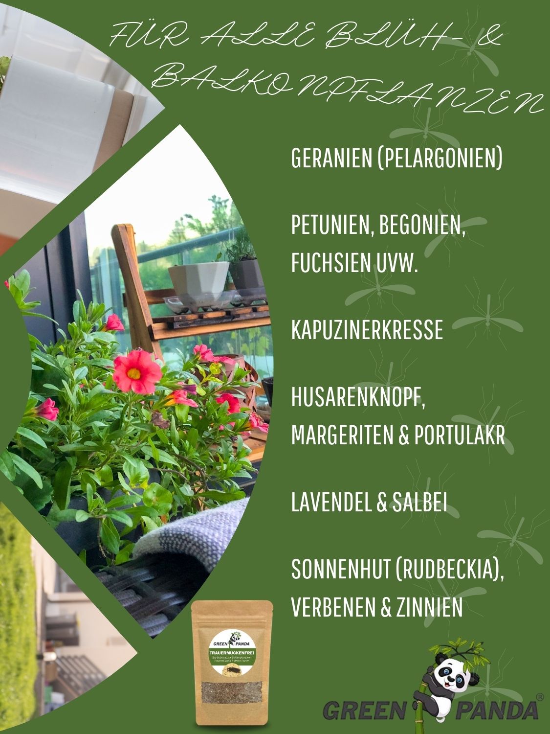 Grüner Hintergrund mit Text für Balkonpflanzen. Enthält eine Packung GreenPanda Trauermücken-Frei. Pflanzen wie Geranien, Petunien, Kapuzinerkresse.