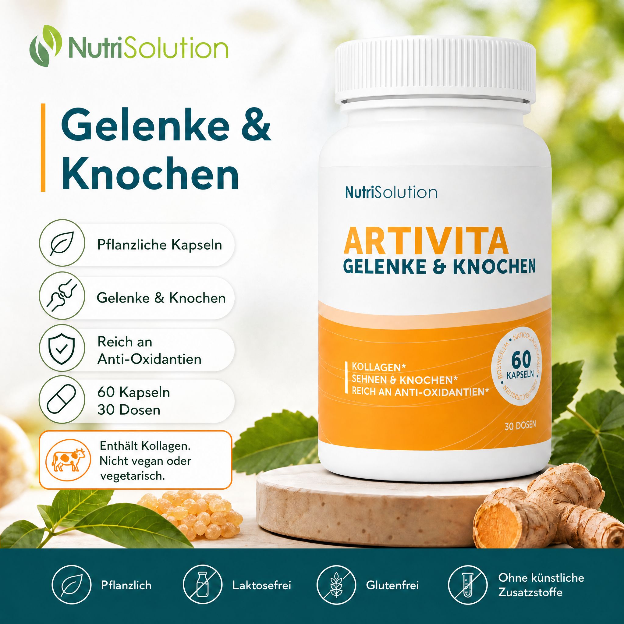 NutriSolution Artivita Kapseldose. Pflanzliche Kapseln, gut für Gelenke, Sehnen & Knochen. Reich an Antioxidantien. 60 Kapseln.