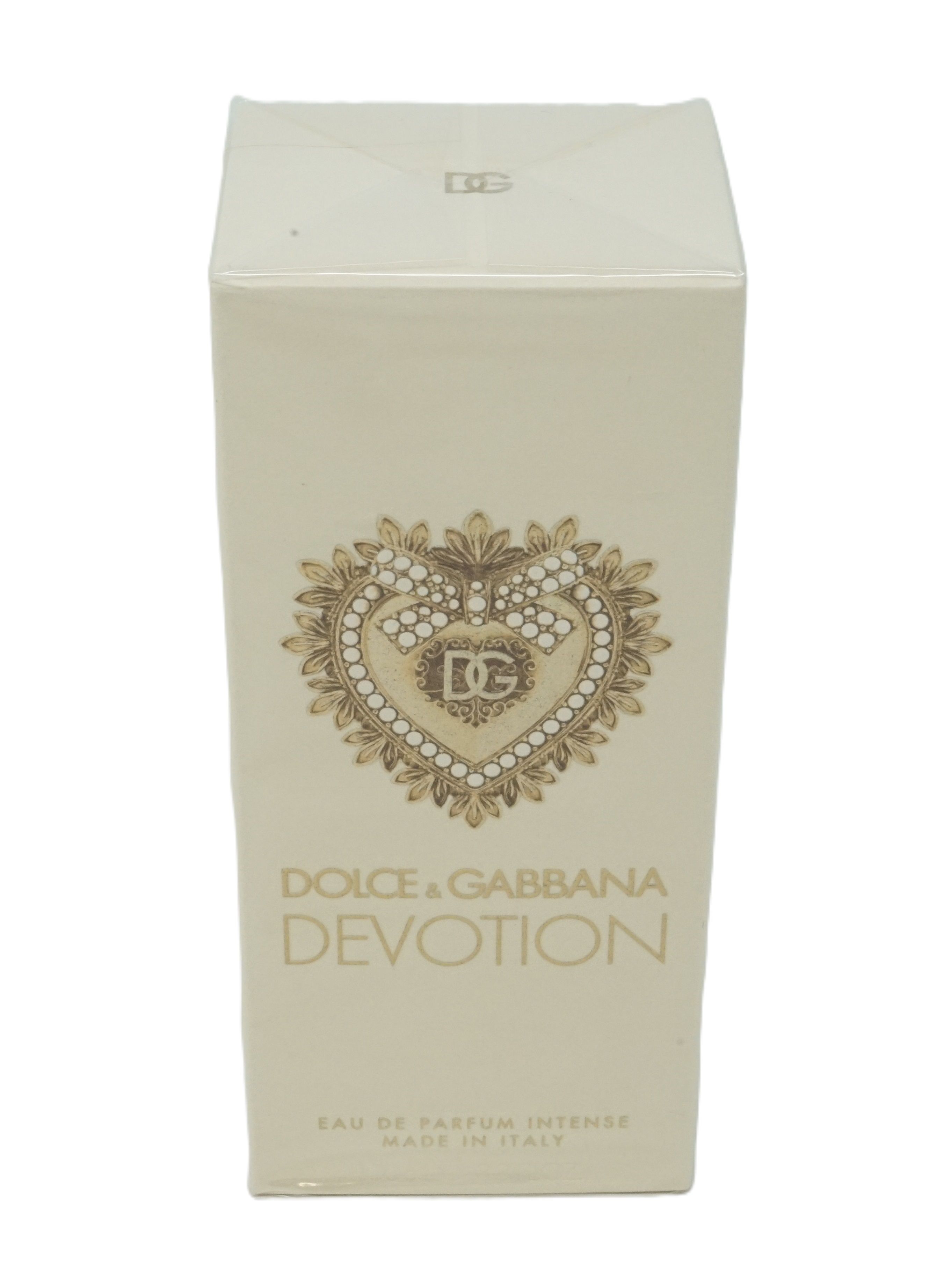 Cremefarbene Parfümverpackung mit Herz-Logo und Schriftzug Devotion. Marke Dolce & Gabbana. Oben Logo.
