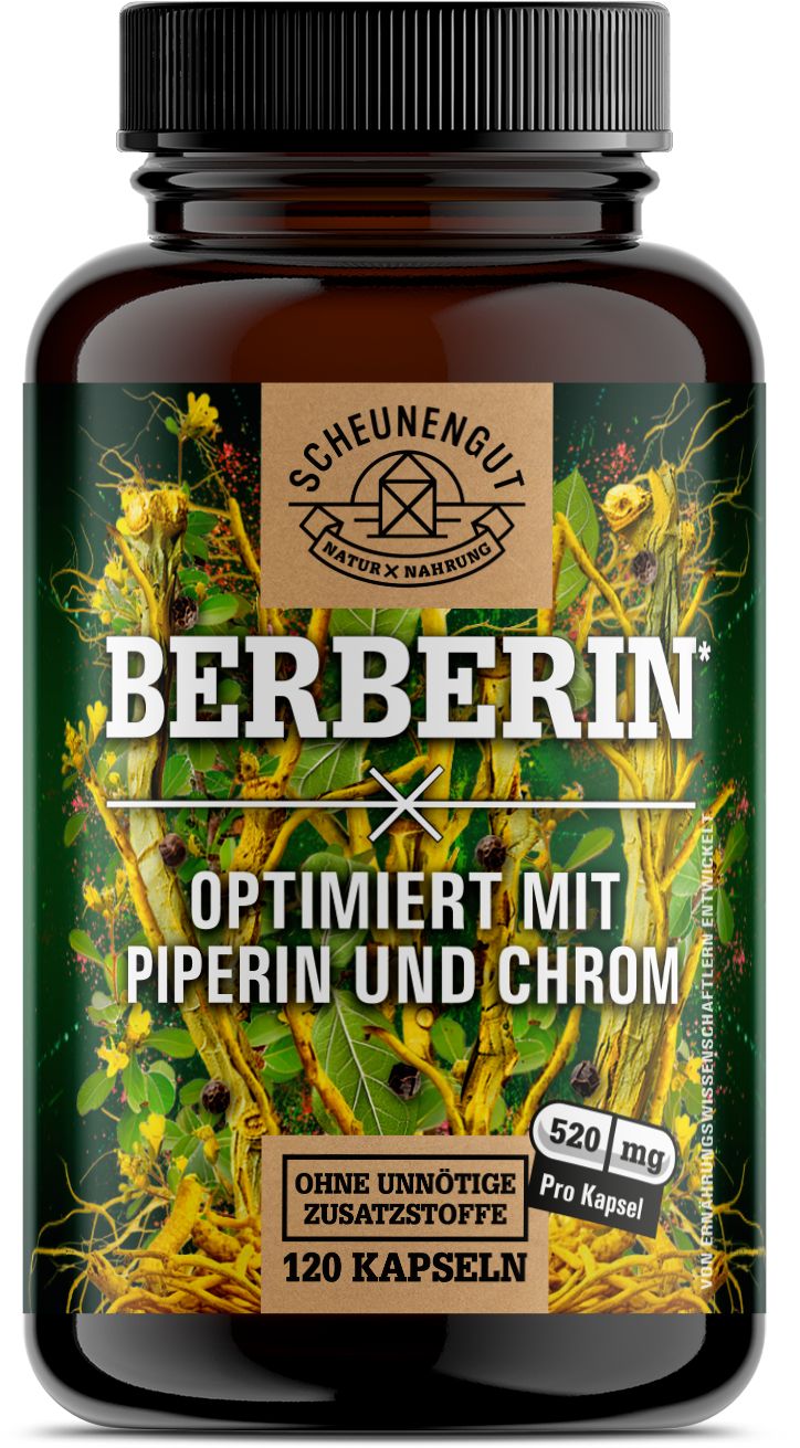 Braune Flasche mit Berberin-Kapseln. Aufschrift: Berberin, optimiert mit Piperin und Chrom. 120 Kapseln. Logo: Scheunengut. 520 mg pro Kapsel.