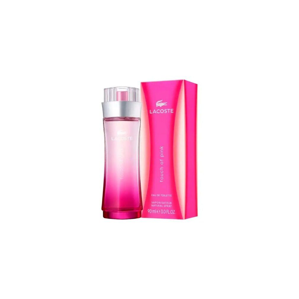 Rosa Flakon und Verpackung. Lacoste-Logo und Schriftzug "Touch of Pink". Eau de Toilette.