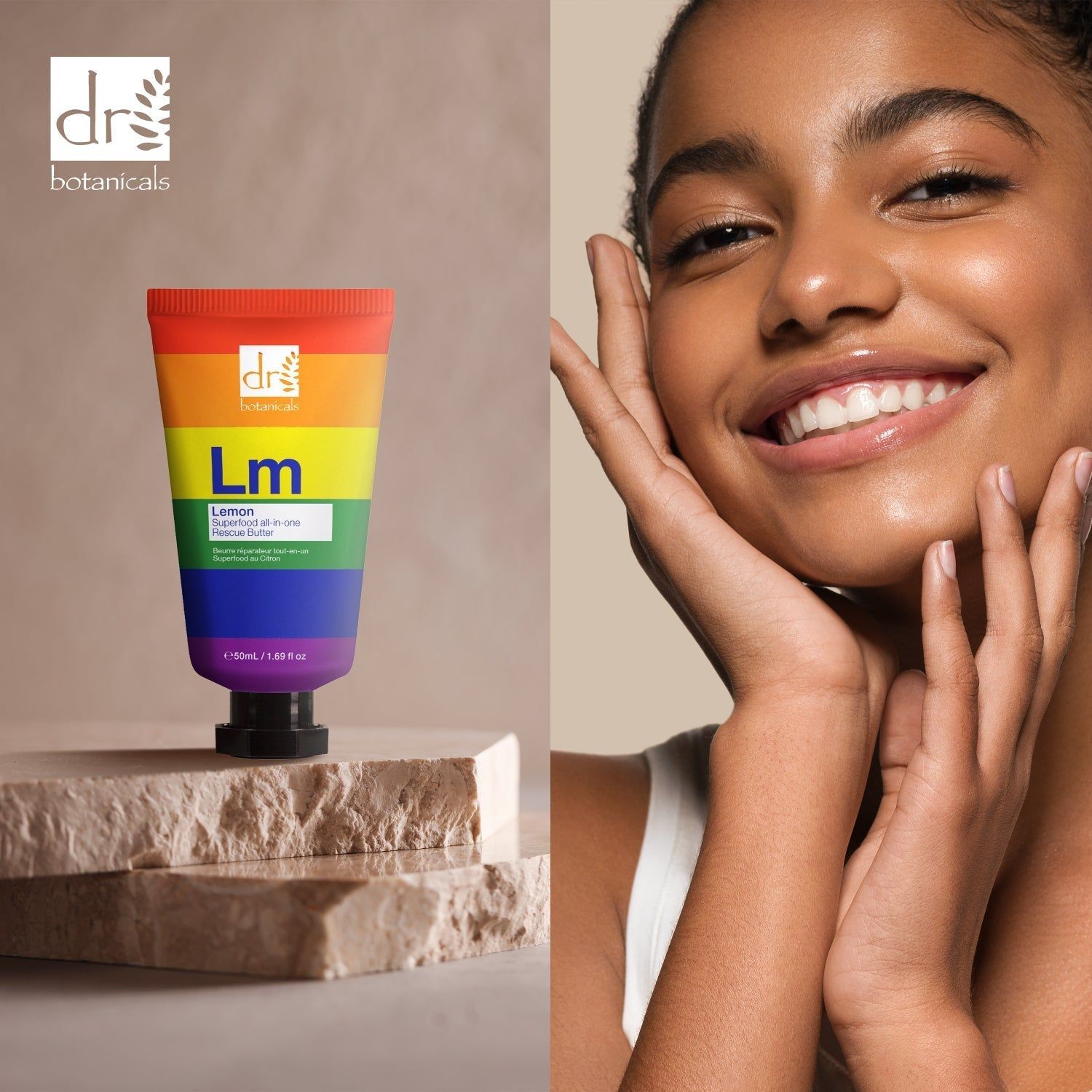 Tube mit Regenbogenfarben. Text: Dr Botanicals, Lm, Lemon Superfood All-in-one Rescue Butter. Frau berührt ihr Gesicht.