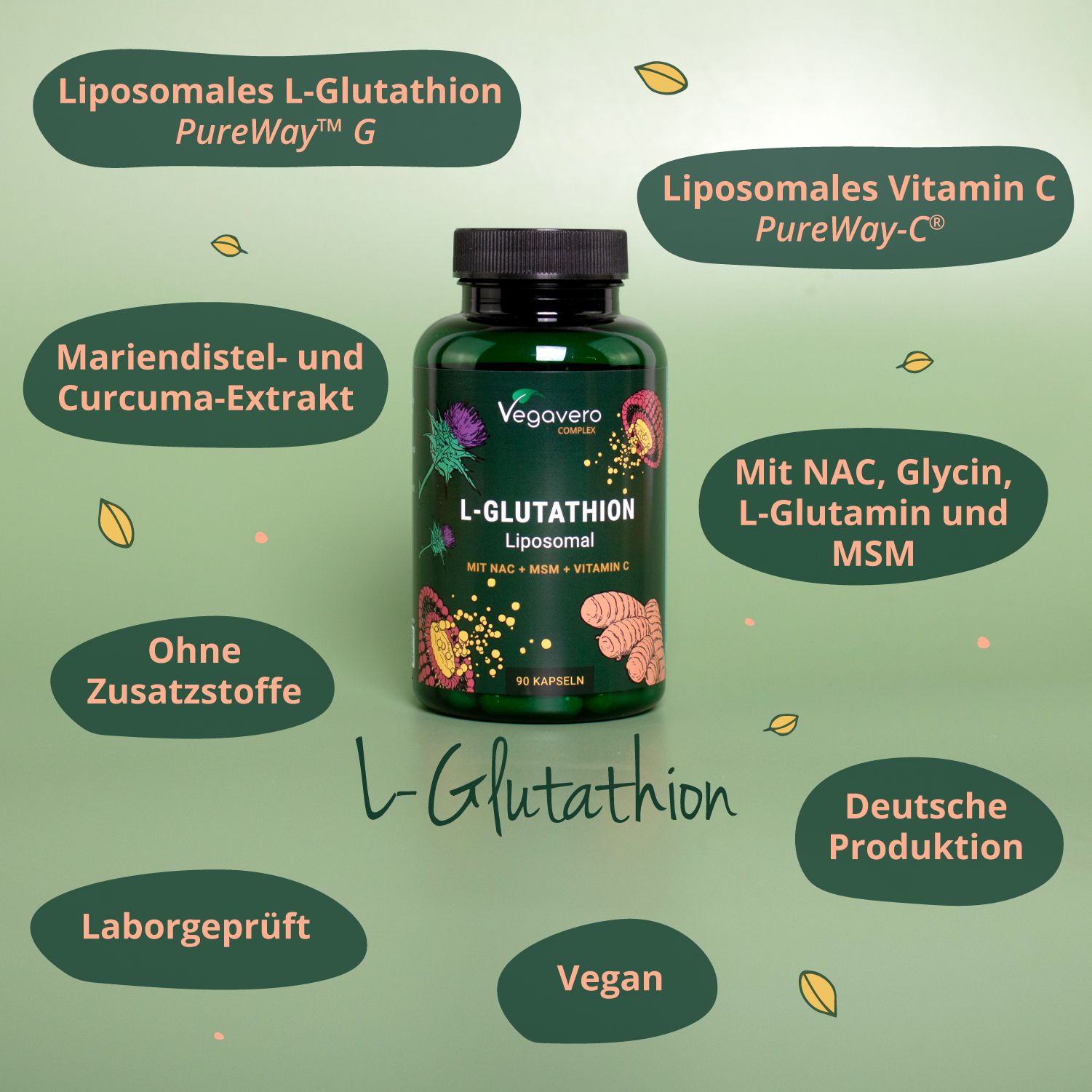 Grüne Flasche mit schwarzen Deckel. Aufschrift: L-Glutathion Liposomal. Mit NAC + MSM + Vitamin C. 90 Kapseln. Vegavaro Logo. Zusätzliche Informationen.