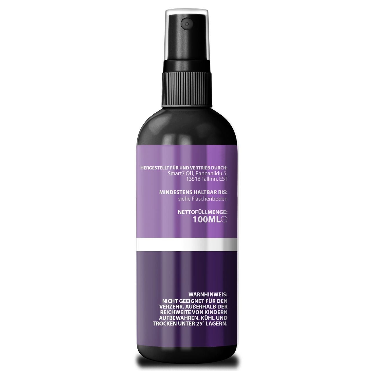 Rückseite der schwarzen Sprühflasche. Mindesthaltbarkeit, Nettomenge 100ml, Warnhinweis auf lila Hintergrund.