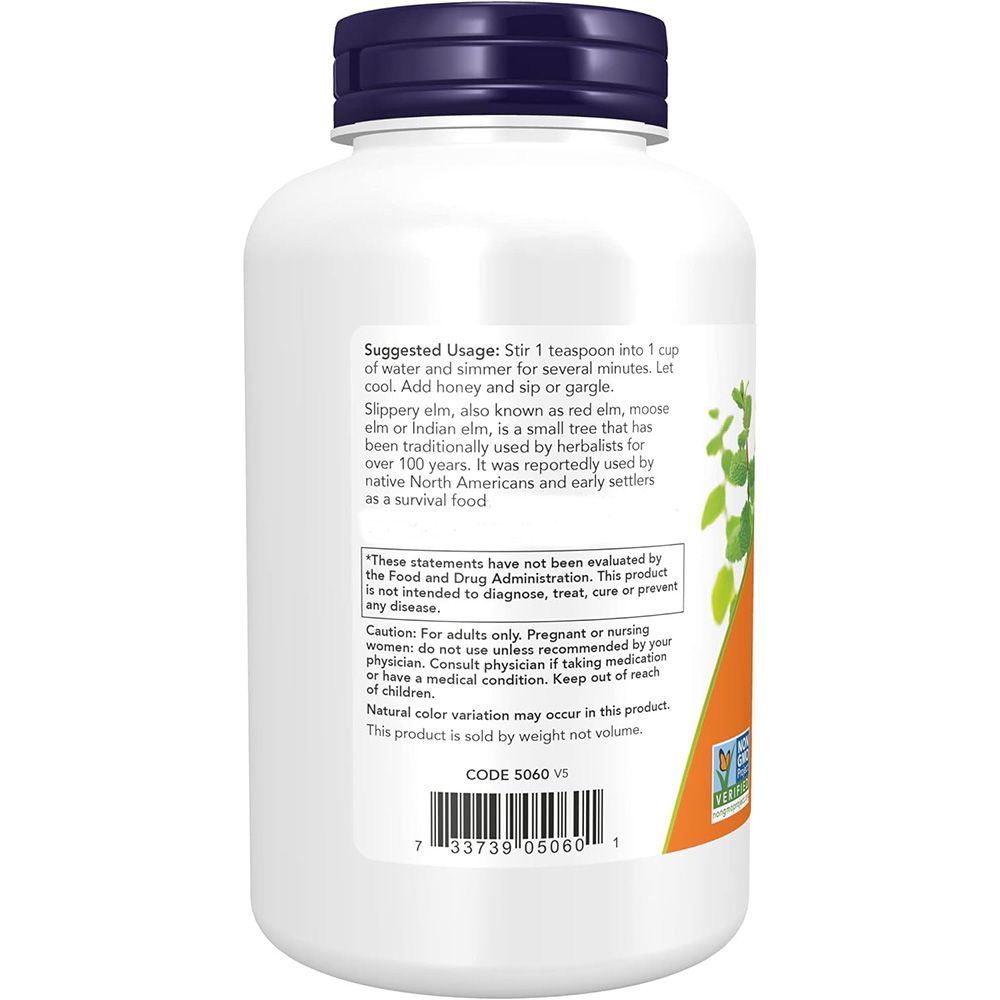 Rückseite eines Behälters mit Now Foods Slippery Elm Pulver, mit Anwendungshinweisen und Produktinformationen.