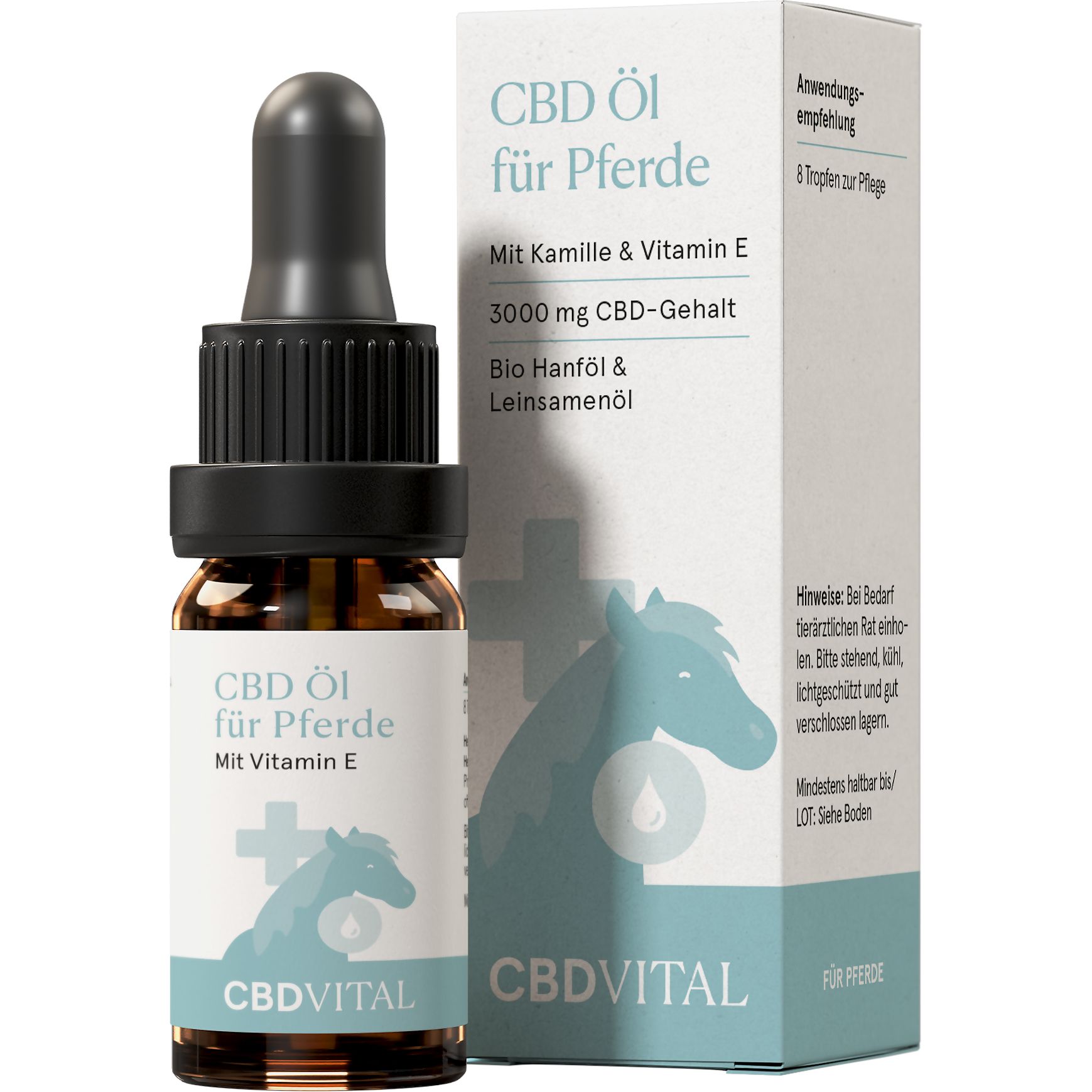 Braune Glasflasche mit Tropfer und Karton. Etikett: CBD Öl für Pferde, CBDVITAL. Text: 3000 mg CBD-Gehalt, Mit Kamille & Vitamin E.