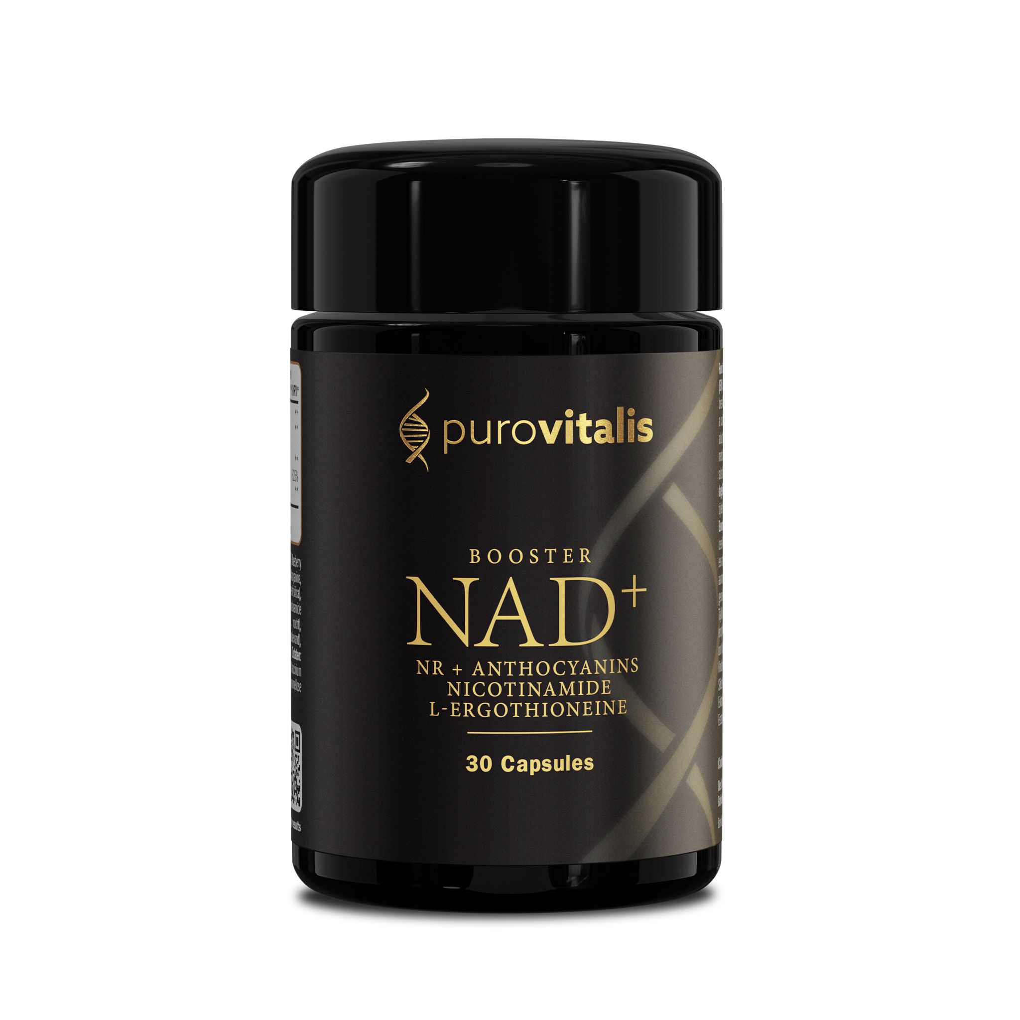 Schwarze Dose mit Aufschrift "purovitalis NAD+ Booster". Enthält 30 Kapseln. Aufschrift: NR, Anthocyane, Nicotinamid, L-Ergothionein.