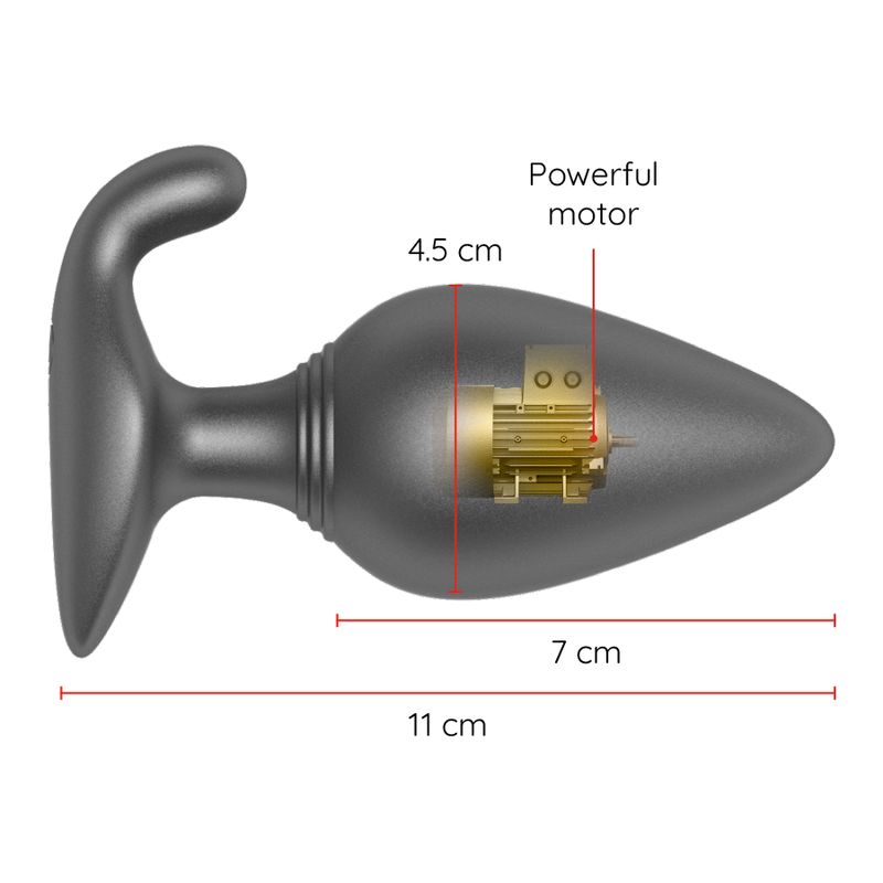 Grauer Analplug mit Griff. Abmessungen: 11 cm lang, 7 cm breit, 4,5 cm Durchmesser. Interner Motor sichtbar.