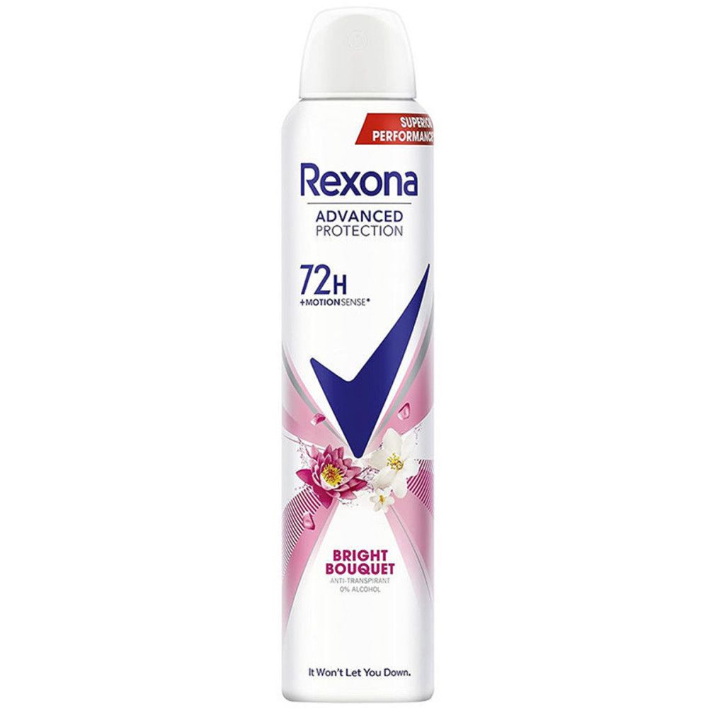 Deodorant-Spray von Rexona. Weißes Behältnis mit floralem Design. Produktbezeichnung und Eigenschaften sind aufgedruckt.