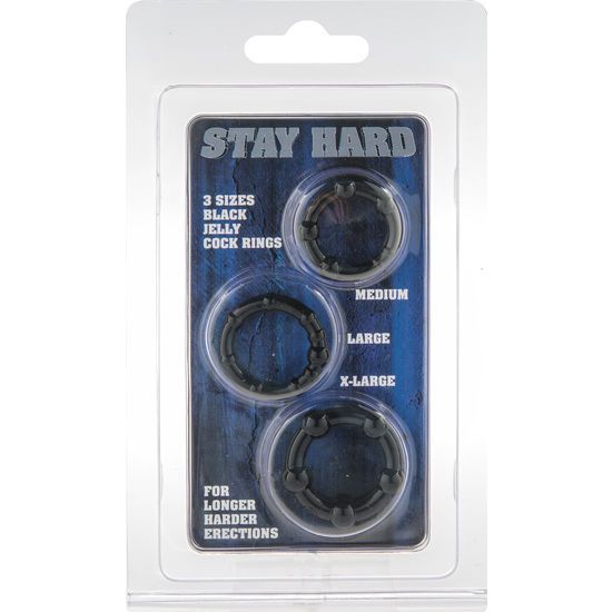 Verpackung mit drei schwarzen Penisringen in verschiedenen Größen. Text: STAY HARD, 3 Größen, Jelly Cock Rings.