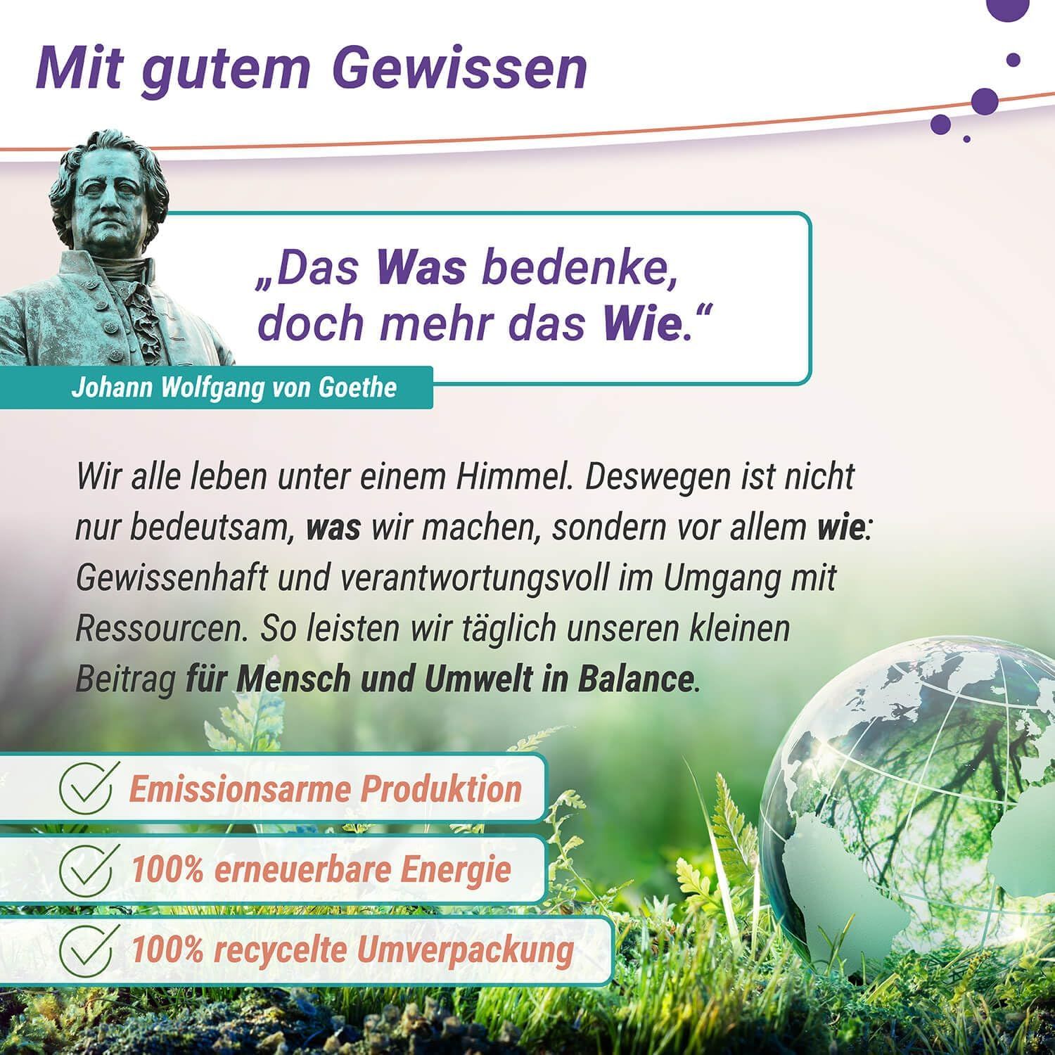 Zitat von Goethe. Text: Emissionsarme Produktion, 100% erneuerbare Energie, 100% recycelte Umverpackung. Globus.