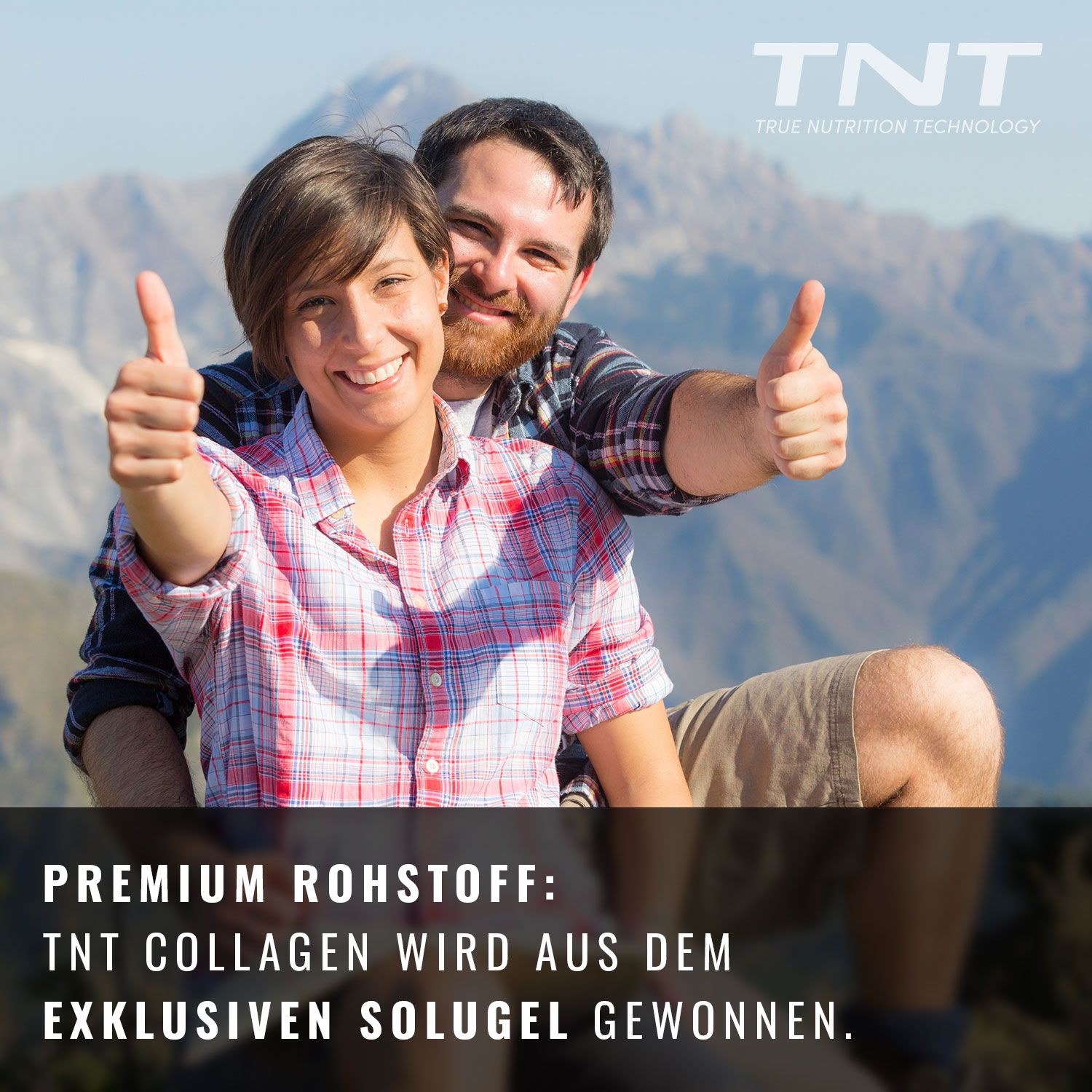 Ein Mann und eine Frau mit erhobenen Daumen. Text: Premium Rohstoff: TNT Collagen wird aus dem exklusiven Solugel gewonnen.