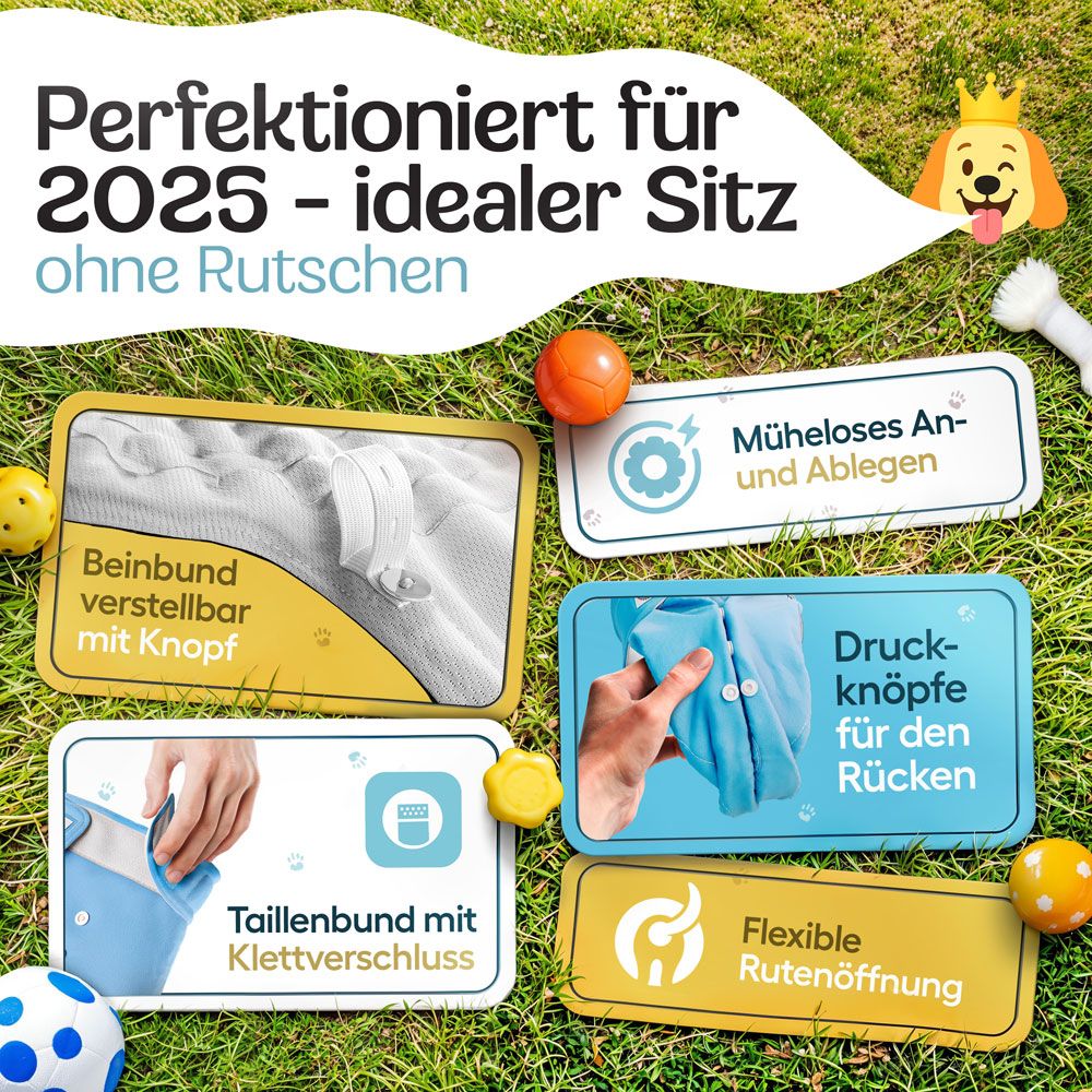 Windel mit Knöpfen und Klettverschluss. Beinausschnitt verstellbar. Druckknöpfe am Rücken. Flexible Rutenöffnung. Ohne Rutschen.