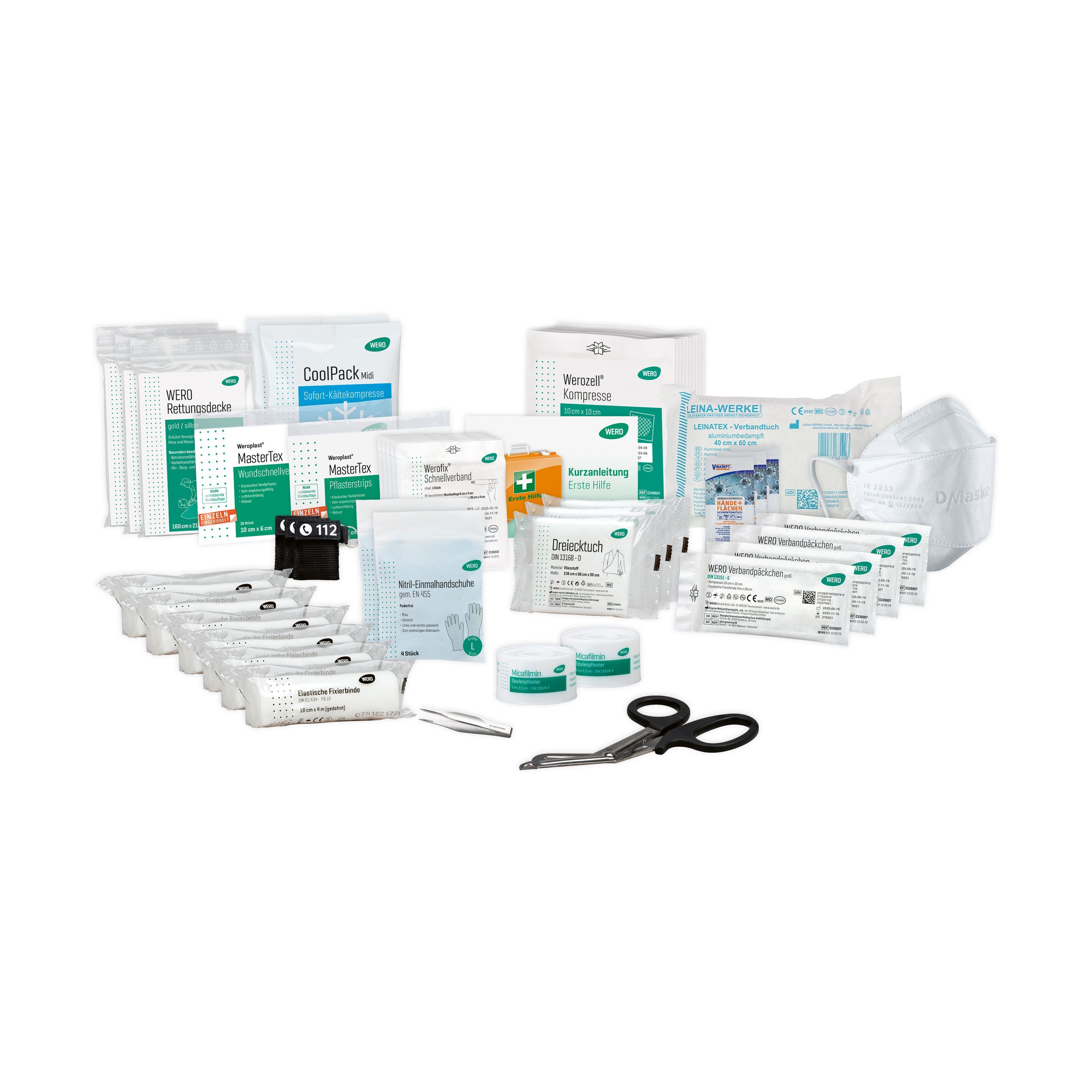 Erste-Hilfe-Set mit verschiedenen medizinischen Produkten. Enthalten sind Verbandsmaterial, Masken, Scheren, Pflaster und weitere Artikel.