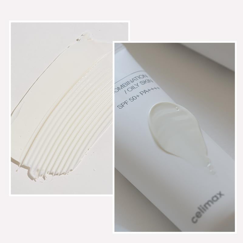 Collage: Sonnenschutzmittel-Tube und ein Streifen Creme auf weißem Untergrund.