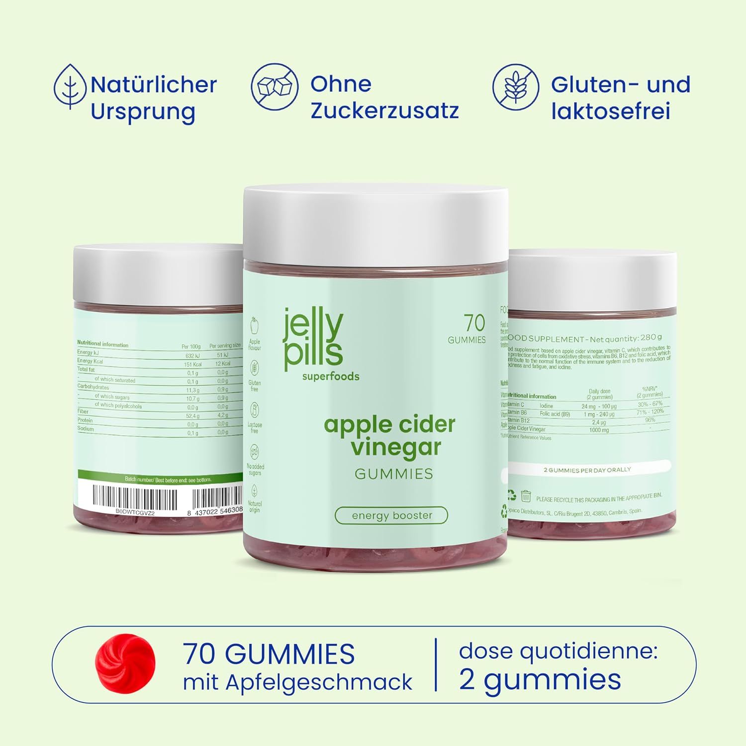 Drei Dosen Apfelessig-Gummibärchen. Aufschrift: Jelly Pills, Apfelessig Gummies, 70 Gummies. Zusätzliche Informationen: Ohne Zuckerzusatz, gluten- und laktosefrei.
