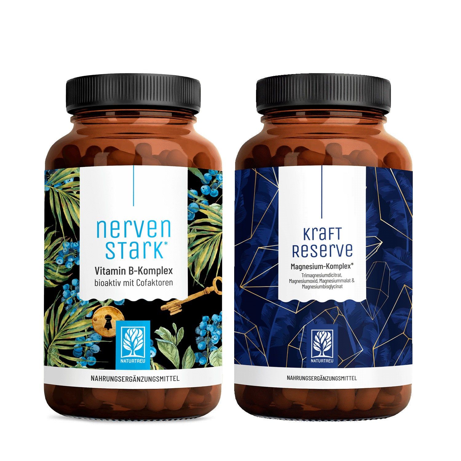 Zwei braune Glasflaschen mit schwarzen Deckeln. Aufschrift "nervenSTARK" und "kraft reserve". Beide mit Etiketten und Produktinformationen.