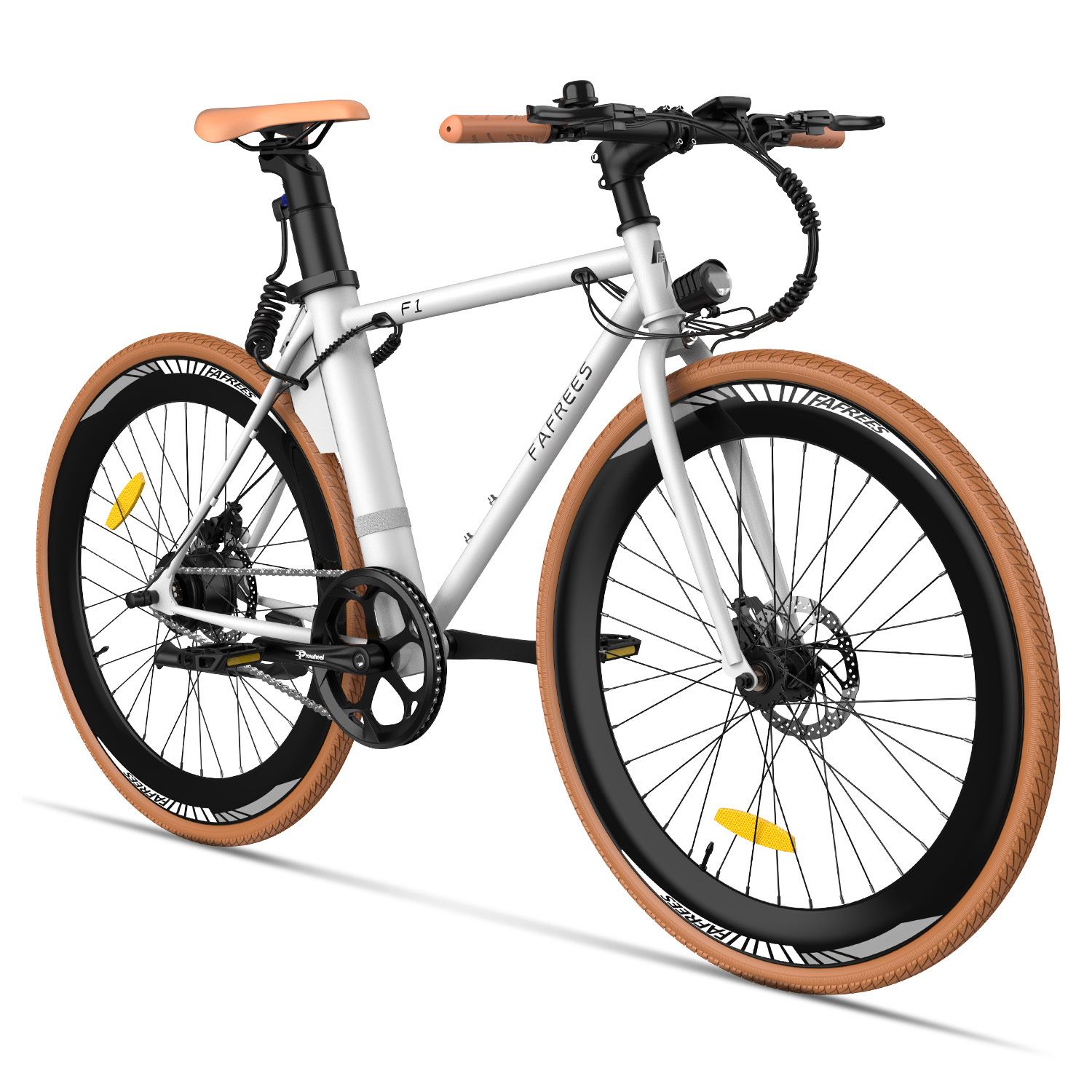 Fafrees F1 E-Bike, weiß, braune Reifen, brauner Sattel. Lenker und Sattel sind aus Leder. Das Fahrrad hat einen Elektromotor.