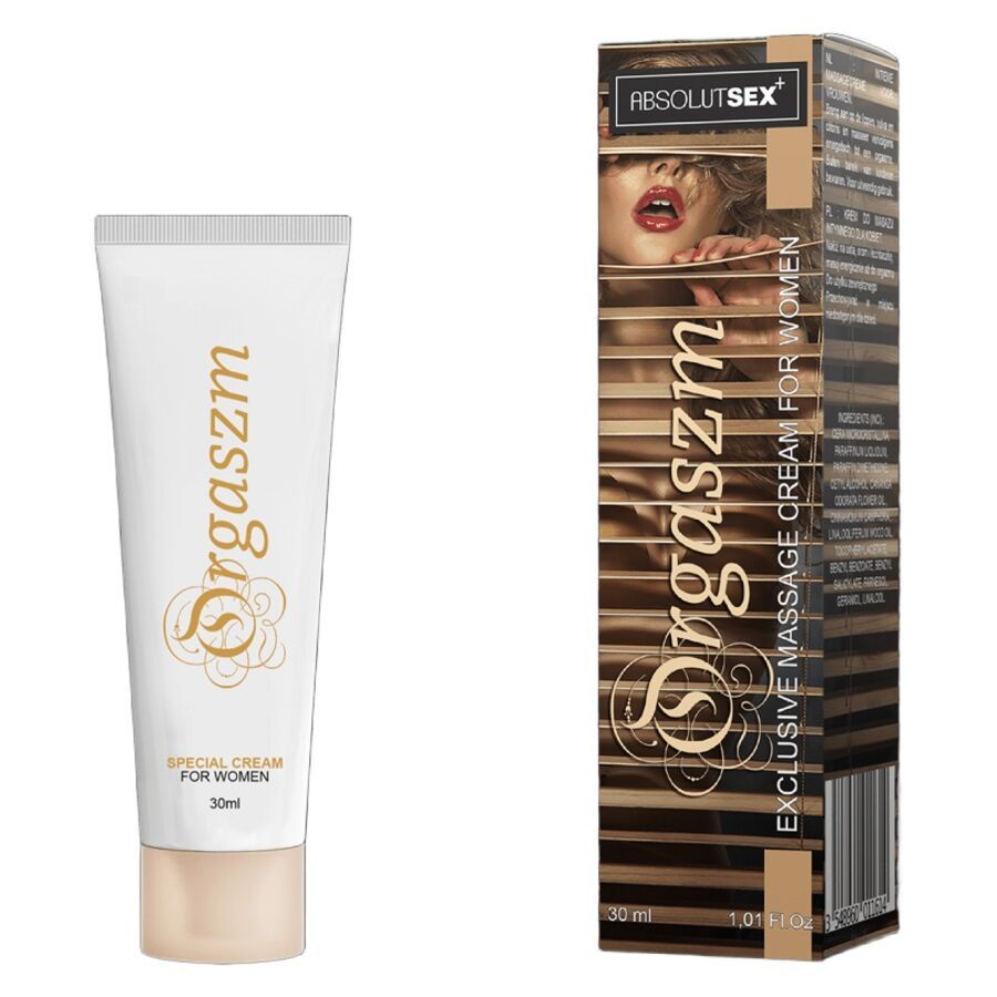 Creme-Tube und Verpackung. Tube weiß mit goldfarbenem Schriftzug. Verpackung braun mit Frauengesicht und Schriftzug.